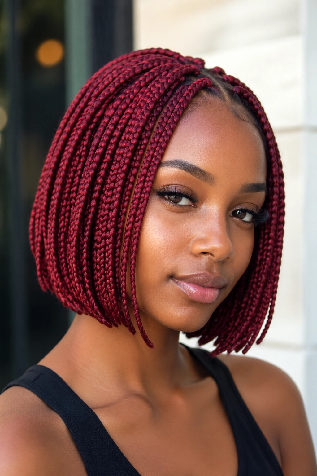 Close-up of a real person with short red knotless bob braids