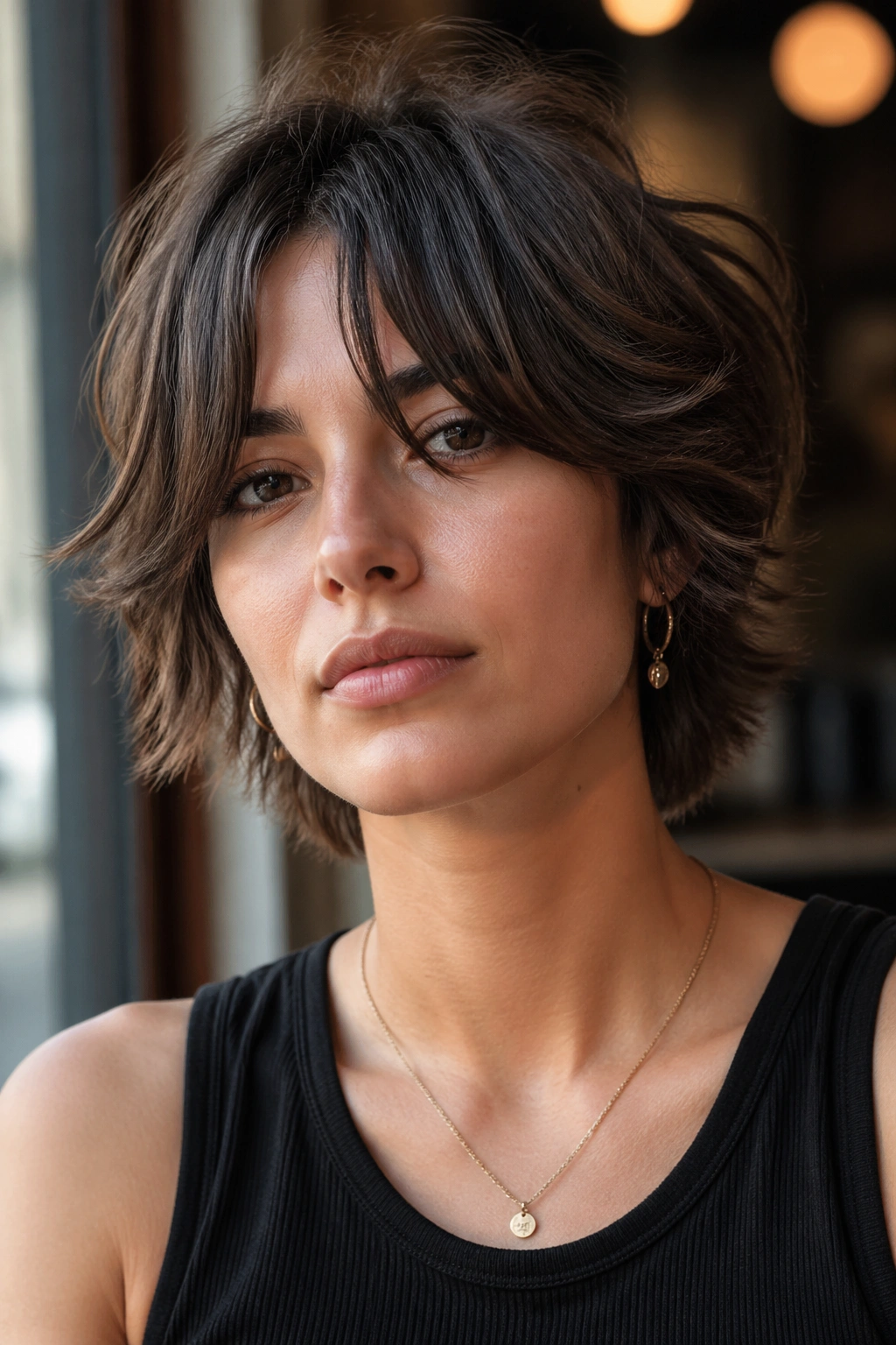Close-up of a real person with short shag crop and long curtain bangs