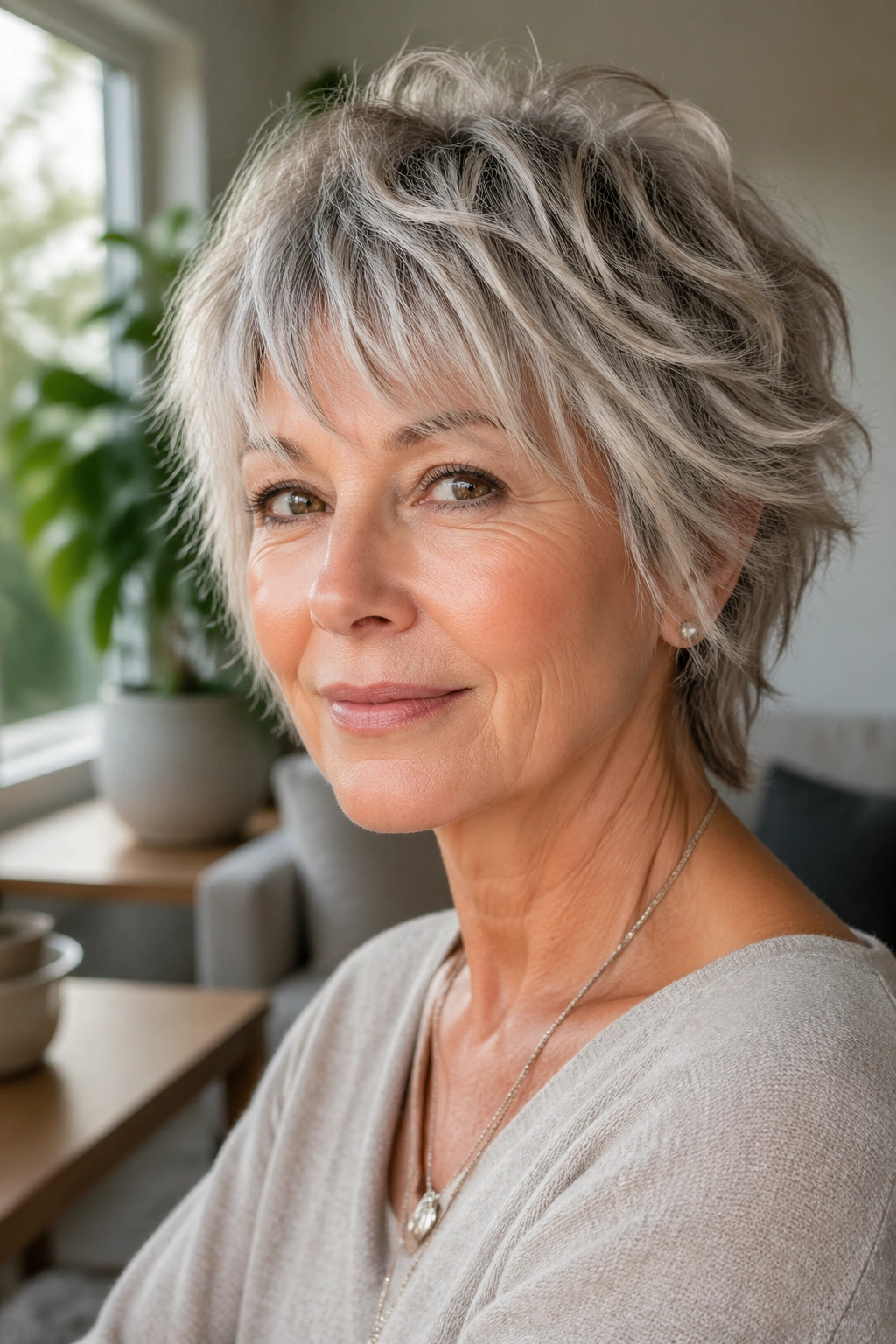 Close-up portrait of a real woman with a short shag and fringe.