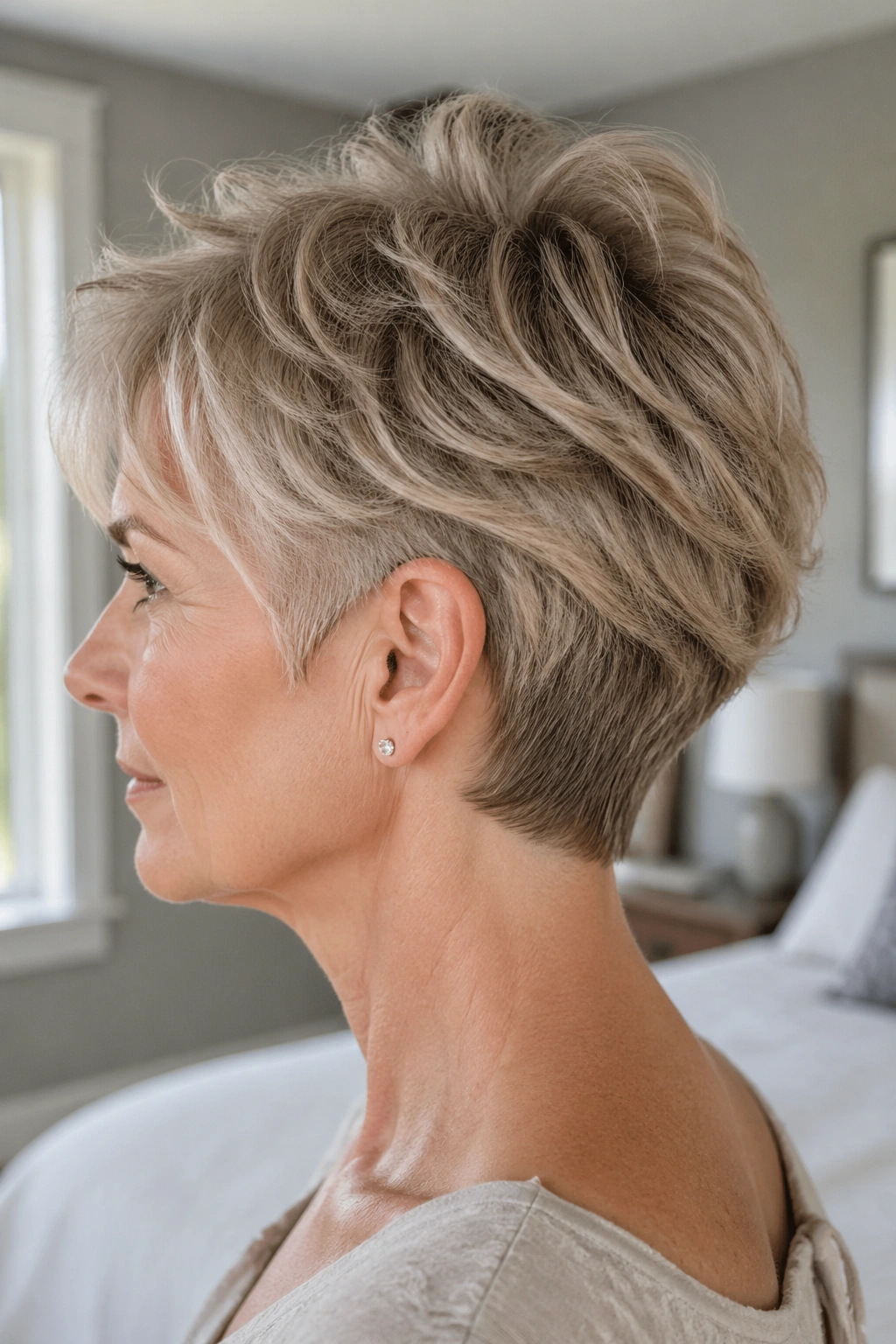 Profile of a real woman with a short shag and tapered nape in natural light