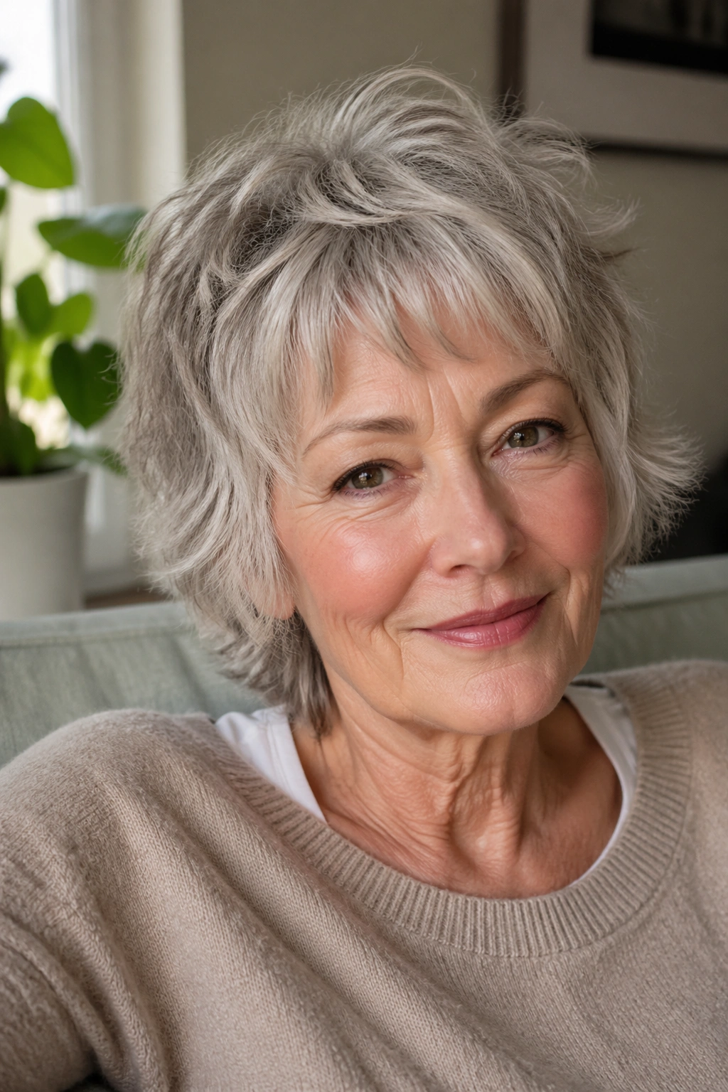 Close-up of an older woman with a short shag hairstyle