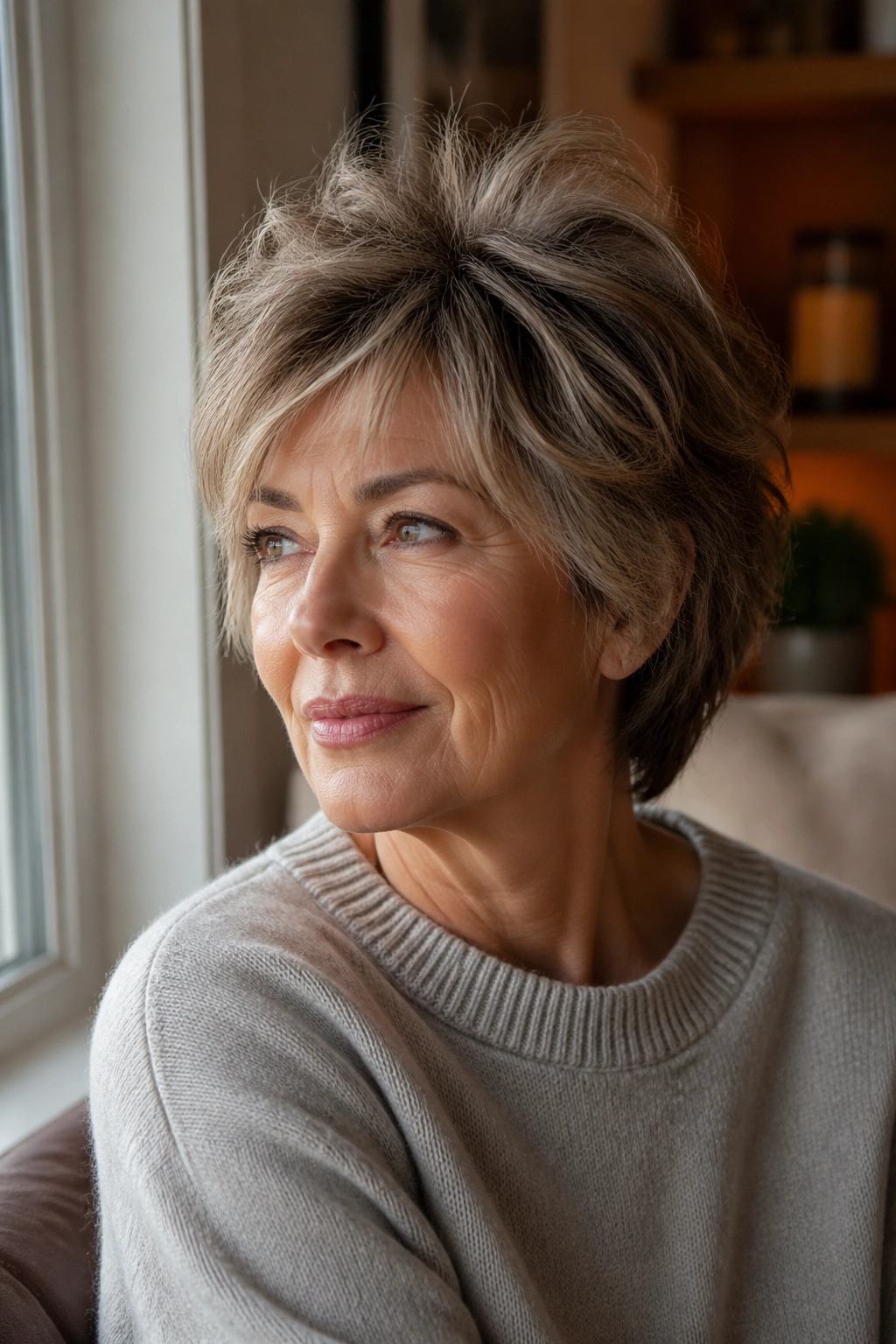 Portrait of a woman with a tousled short shag and volume crown in warm window light