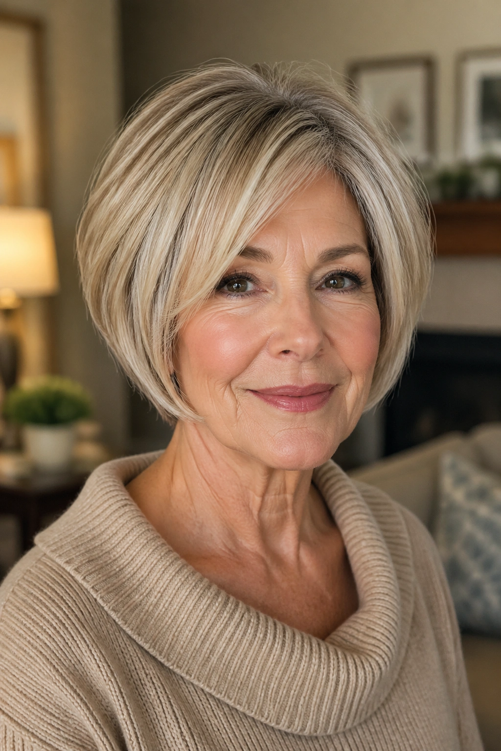 Close-up portrait of a woman with a short stacked bob showing crown lift and neat nape