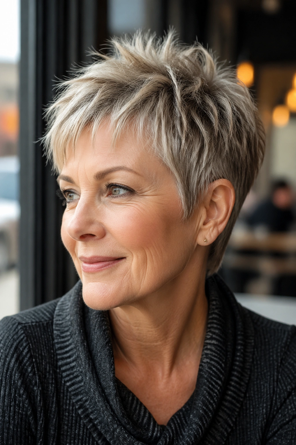 Real woman with short textured crop showing piecey top