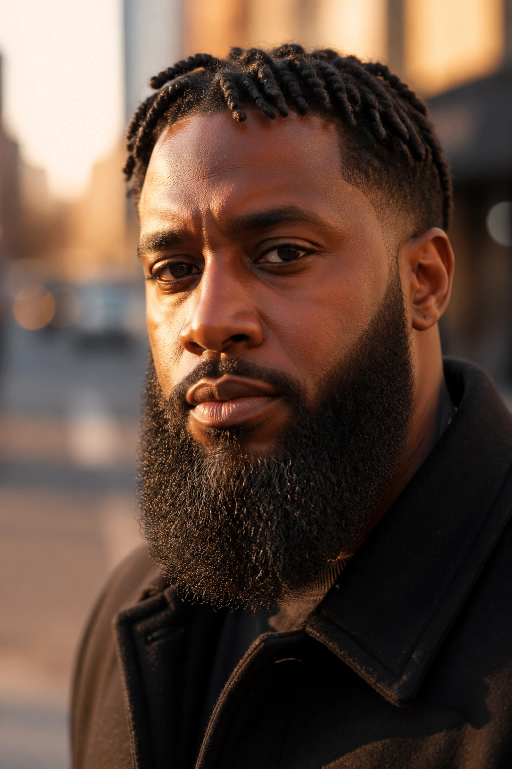 Real man with shorter twist braids and a long rounded beard on a city street at golden hour