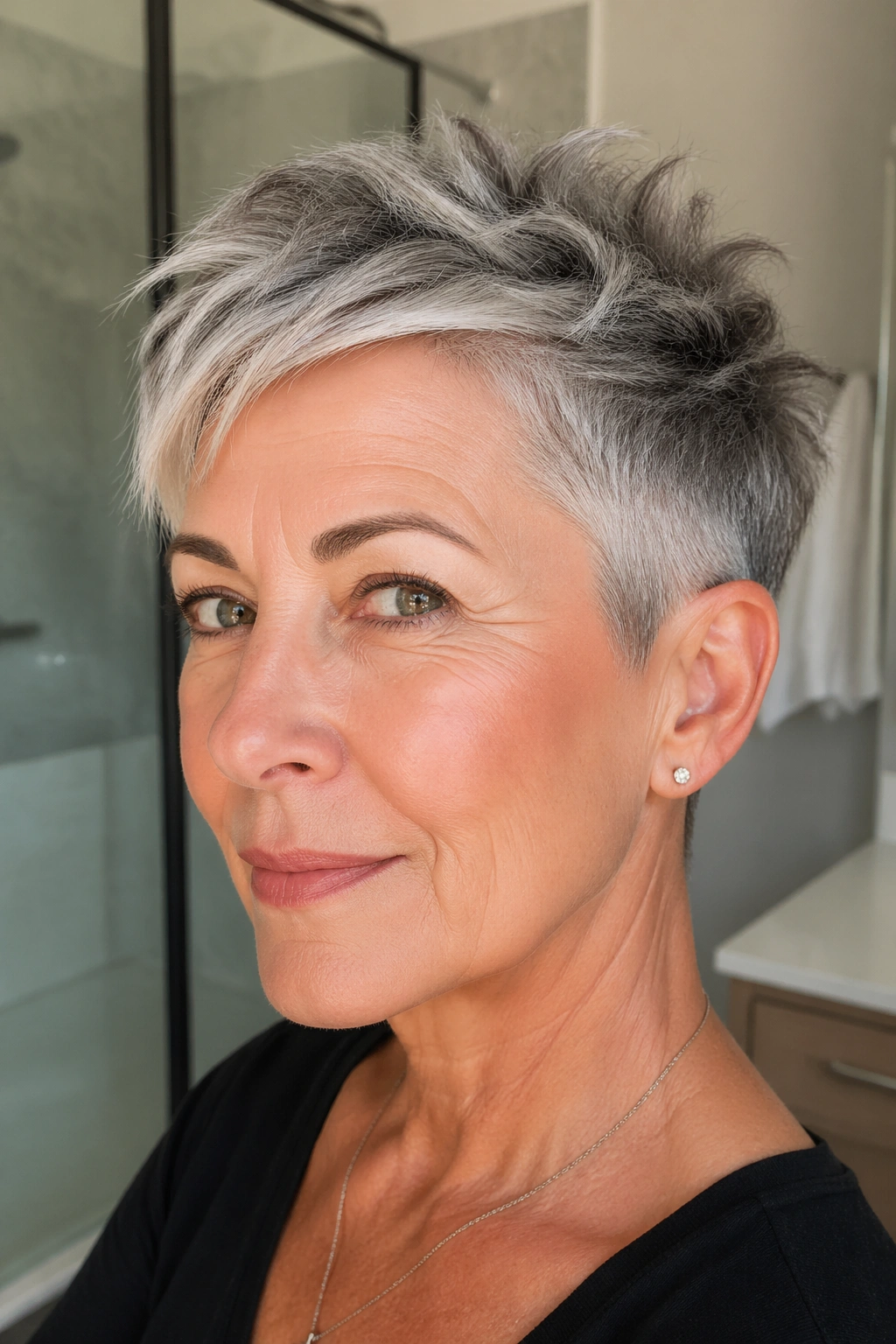 Head-and-shoulders shot of a real woman with a short undercut pixie.