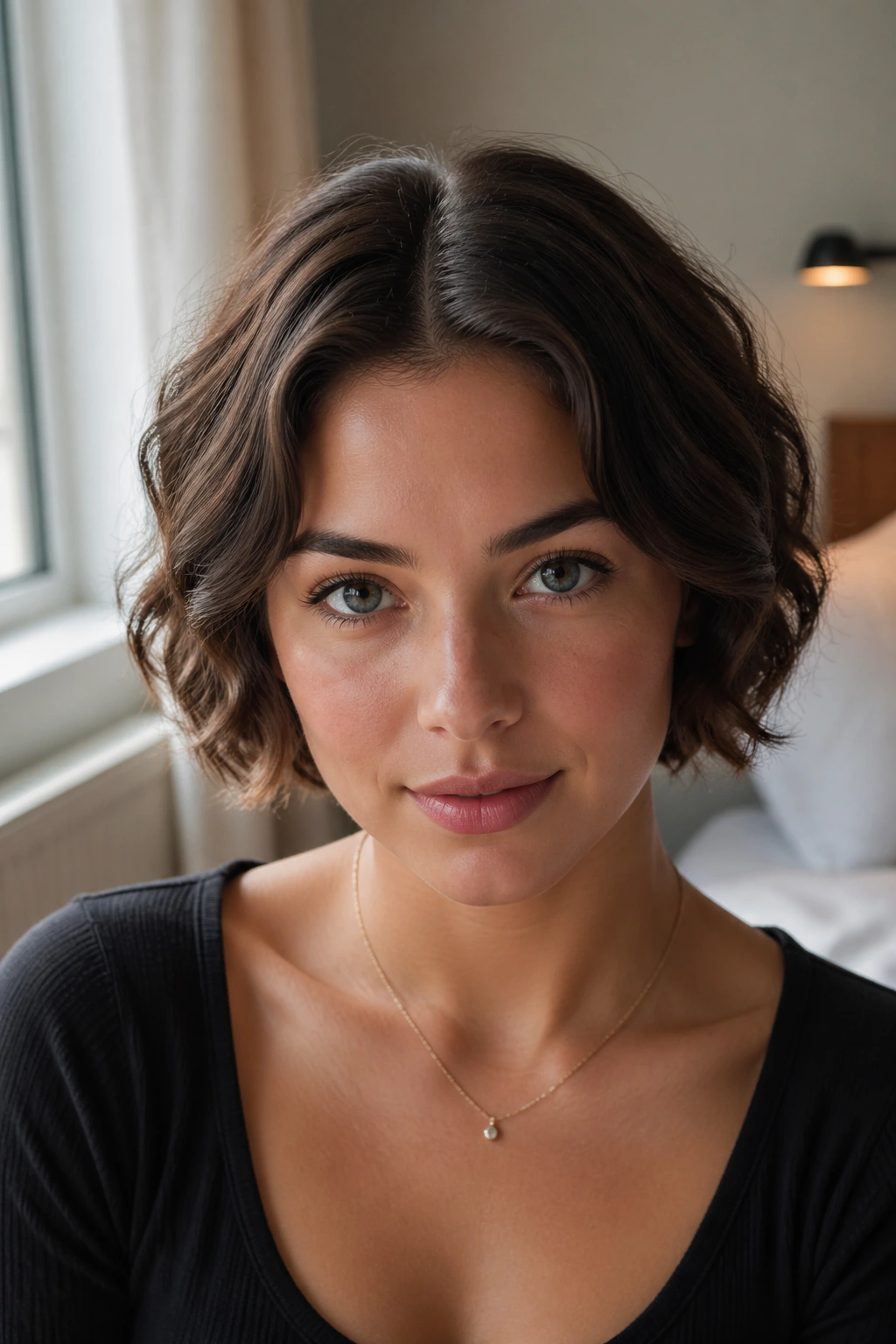 Close-up of a real woman with short waves and a neat center part.