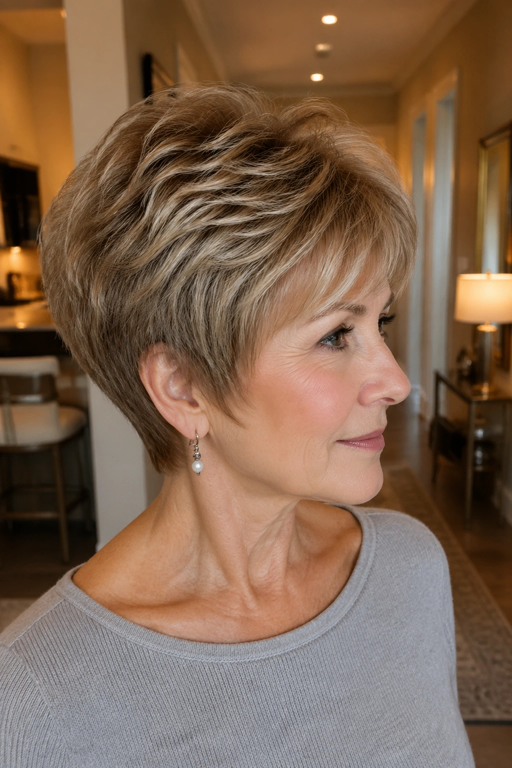 Close-up of real woman with short wedge and micro layers in warm interior light
