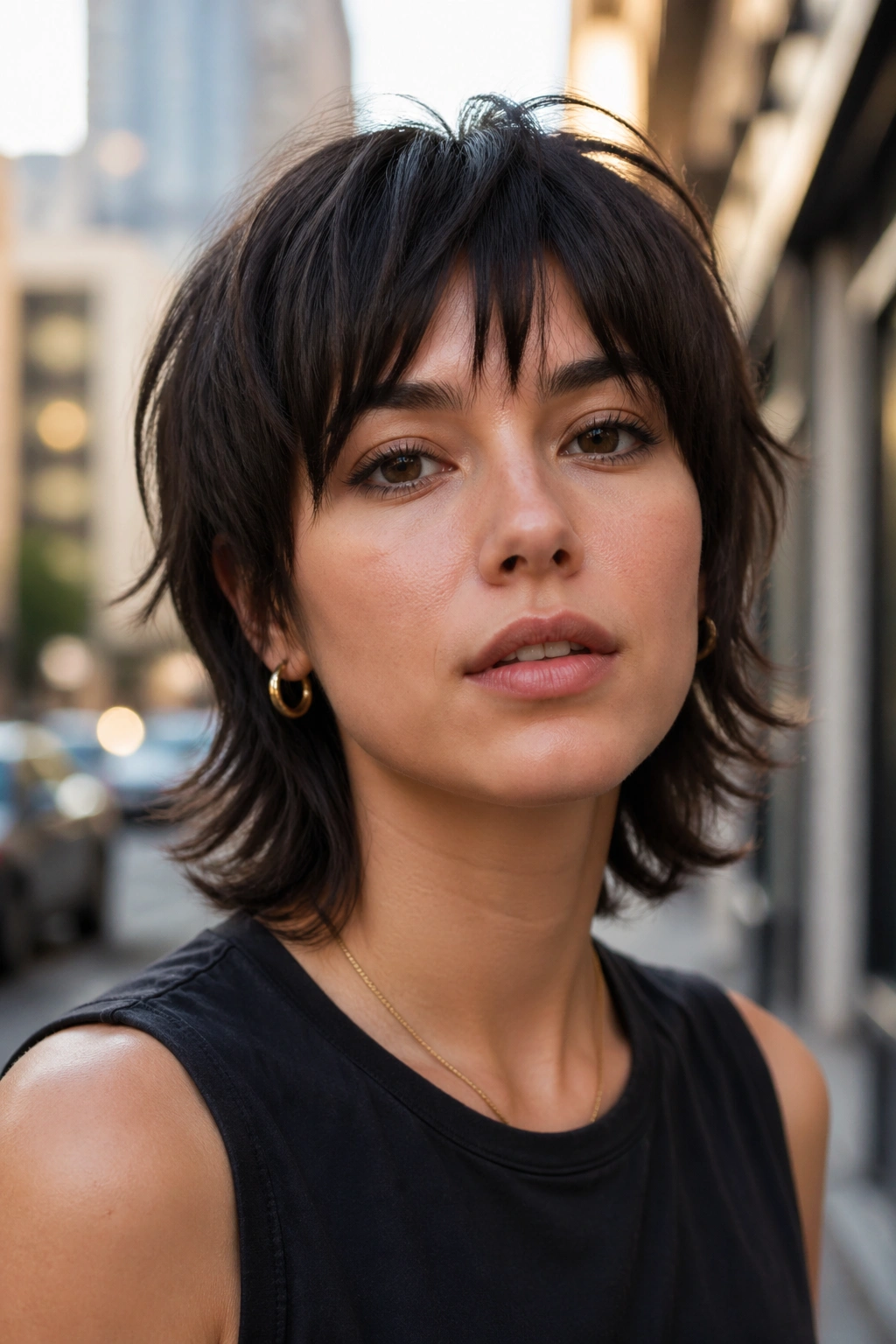 Close-up portrait of a real woman with a short wolf cut.