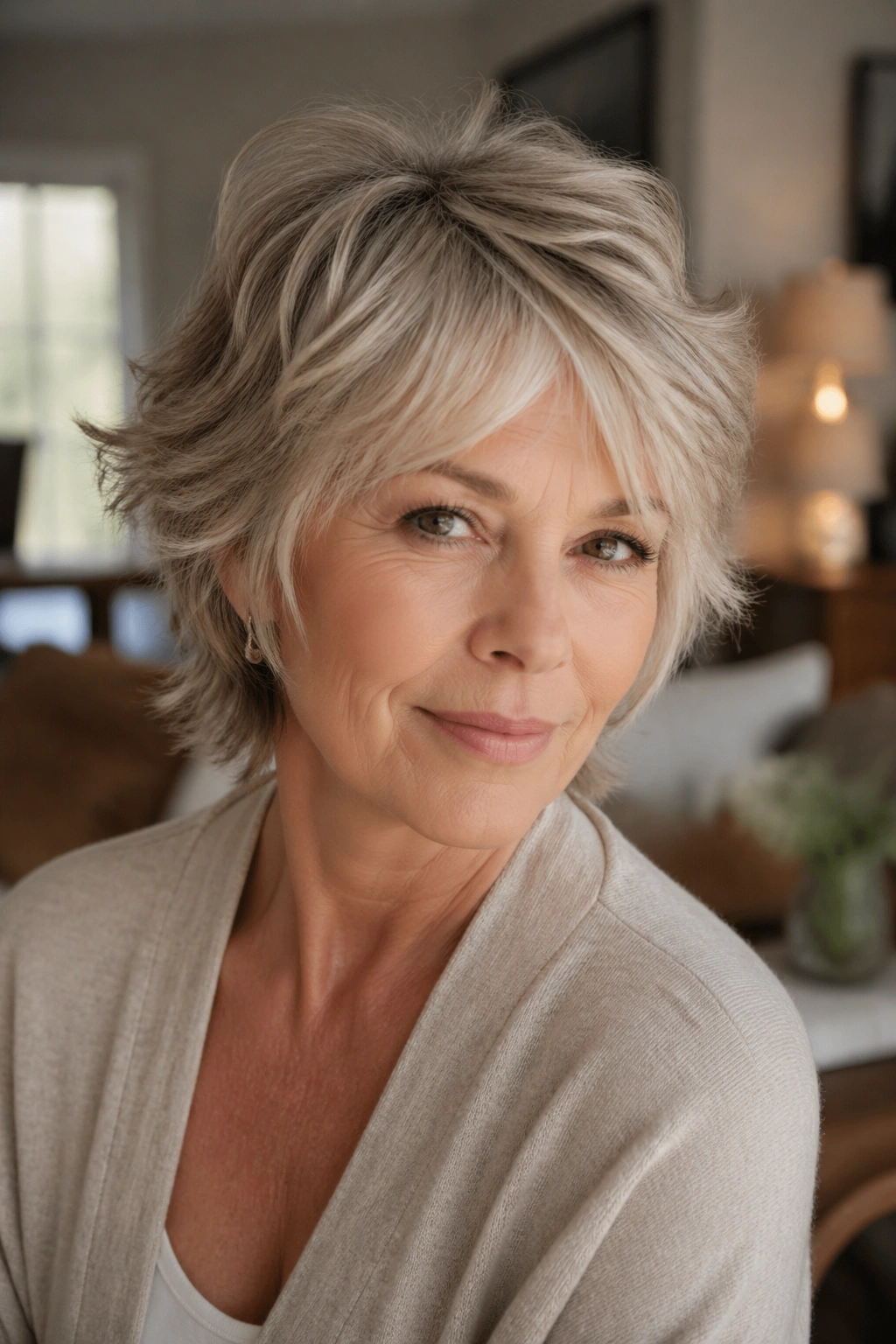 Close-up of real woman with short wolf cut featuring soft ends