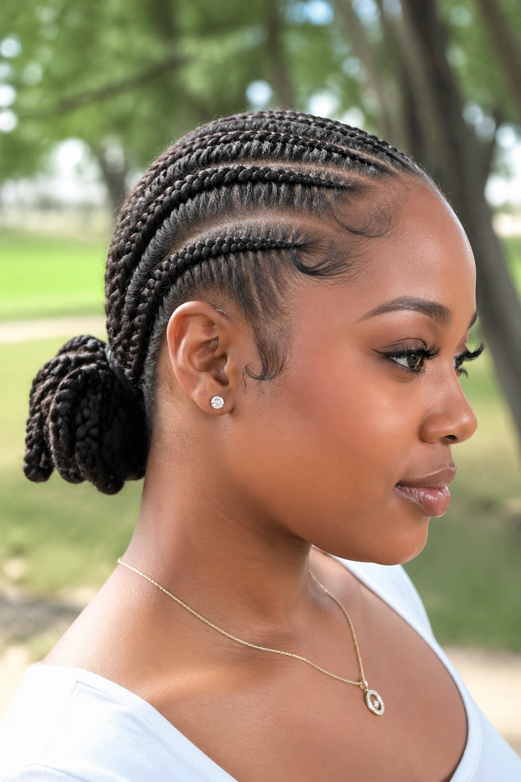 Real woman with a braided ponytail for shorter hair in a park setting