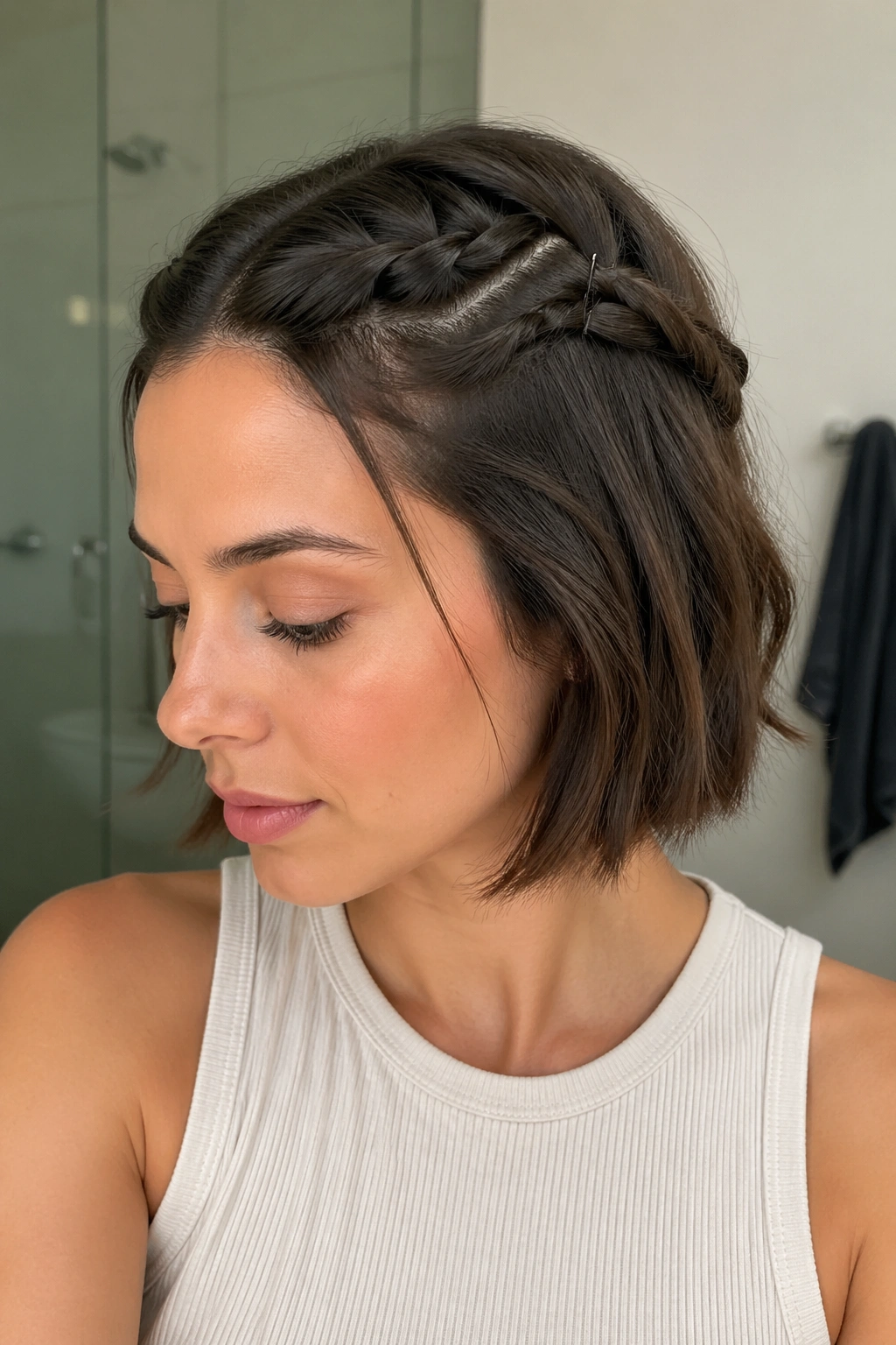 Close-up portrait of a real person with short hair and small front rope twists pinned up.