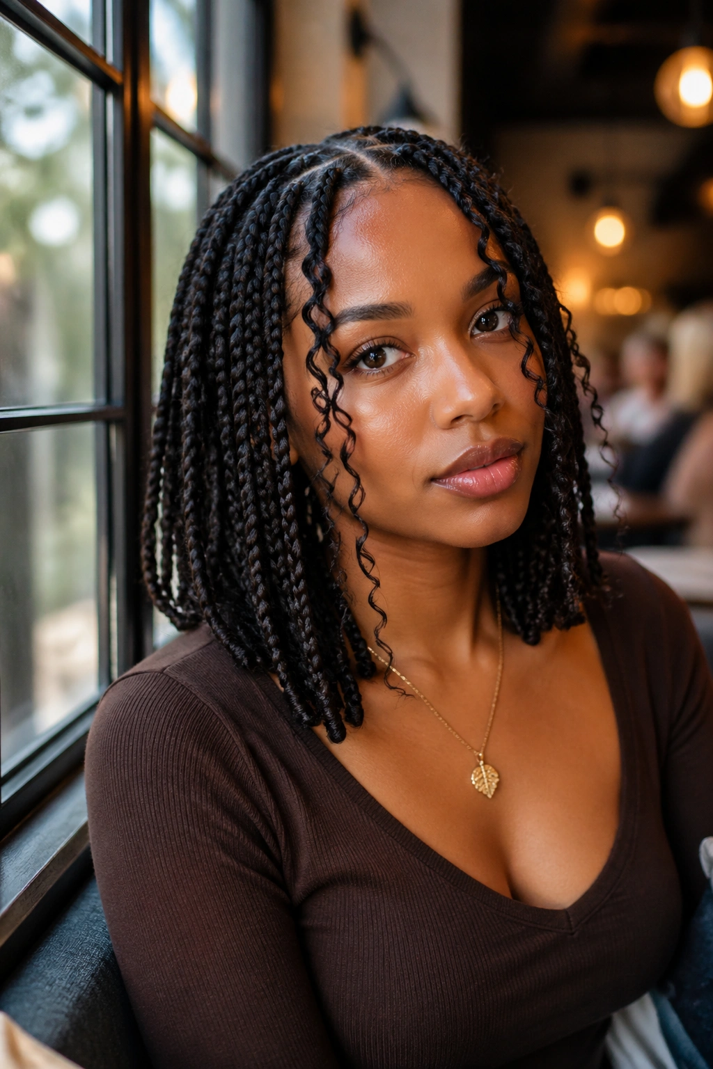 Shoulder-length box braids with face-framing curls on real woman