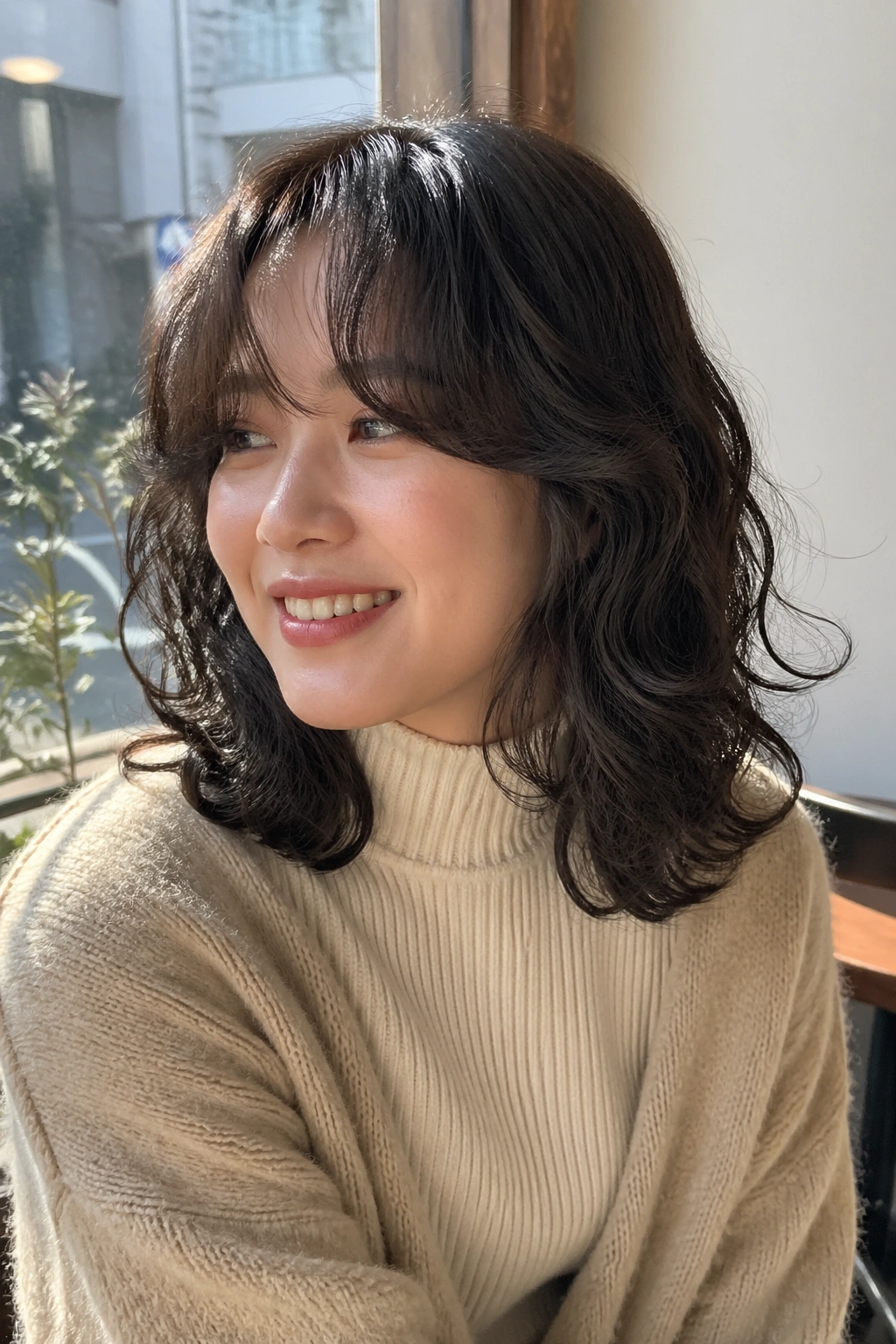 Portrait of a real person with shoulder-grazing curls and bangs in a sunlit setting