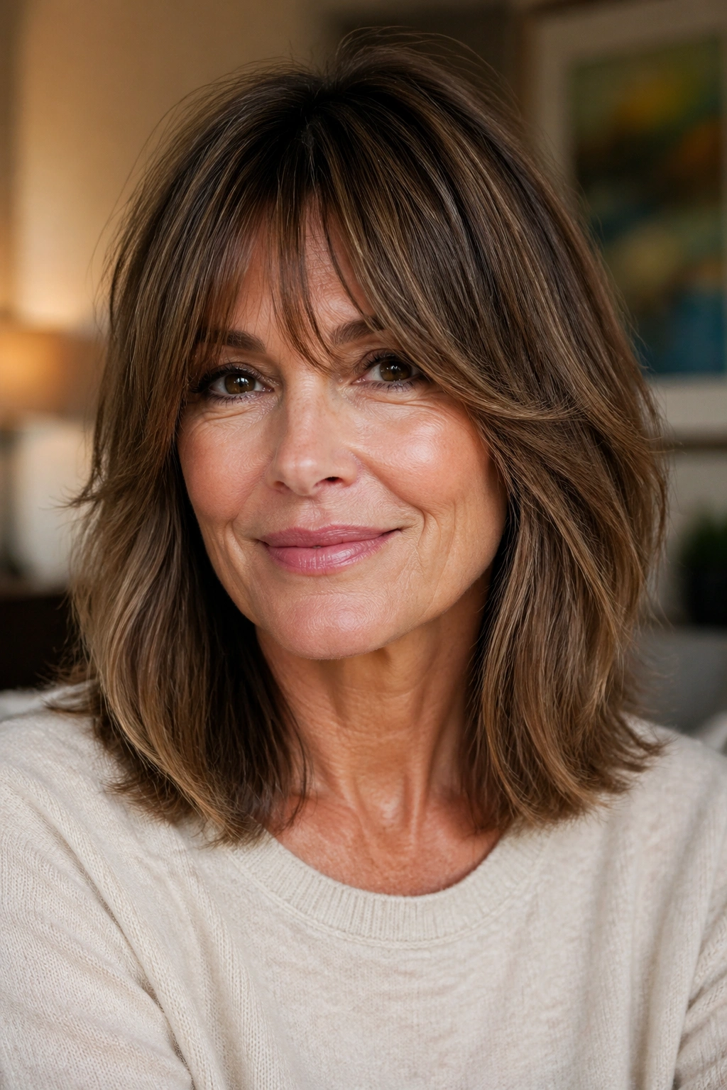 Close-up portrait of a real woman with shoulder-grazing cut and cheekbone bangs in warm daylight