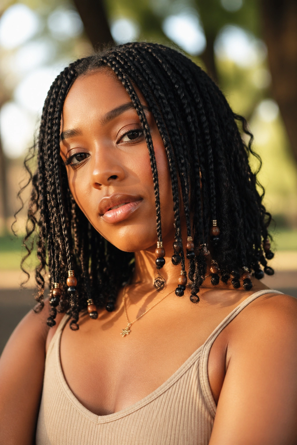 Portrait of a woman with shoulder-grazing boho box braids and subtle beads at the ends.