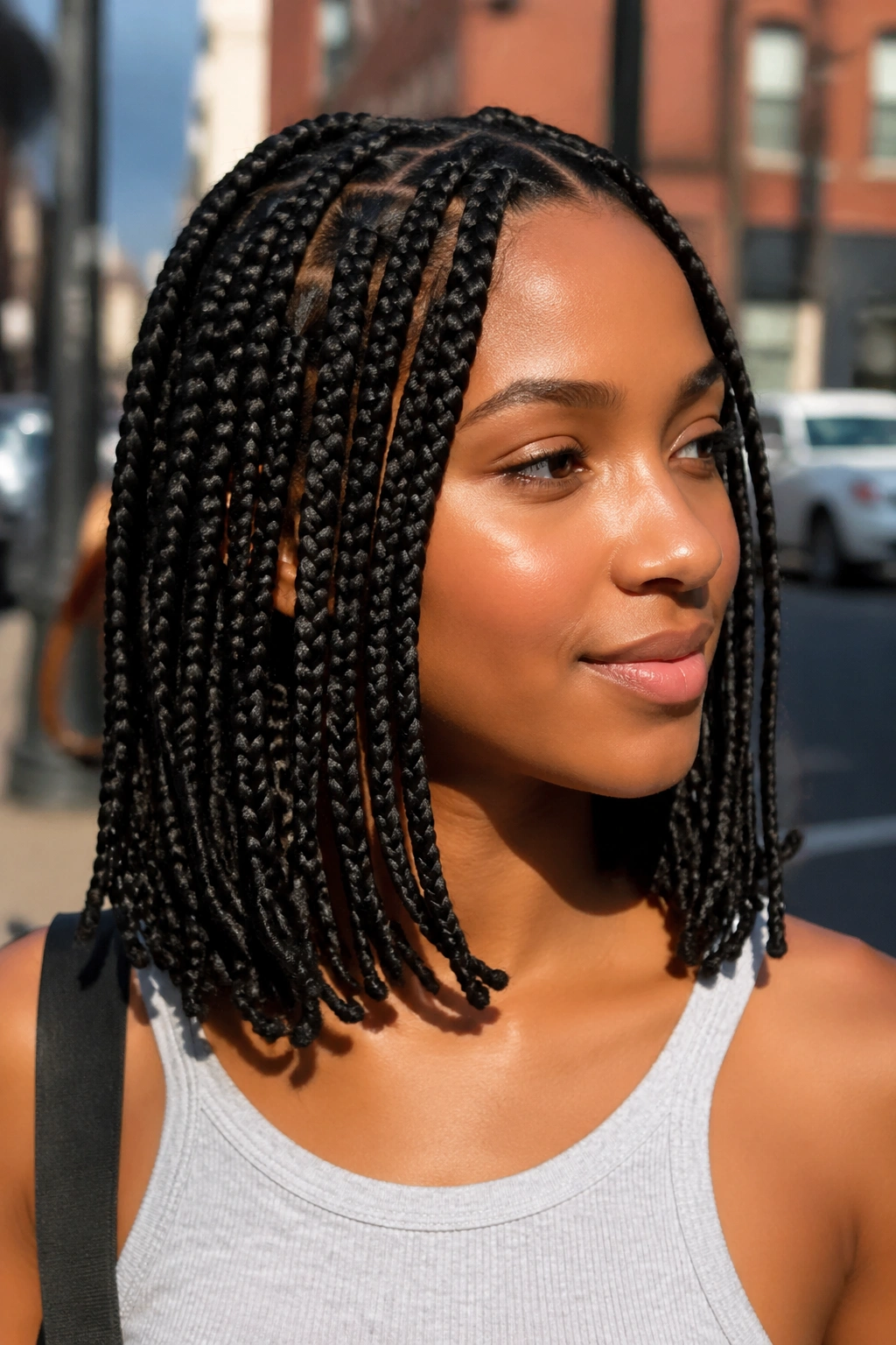 Real person with shoulder-grazing box braids outdoors