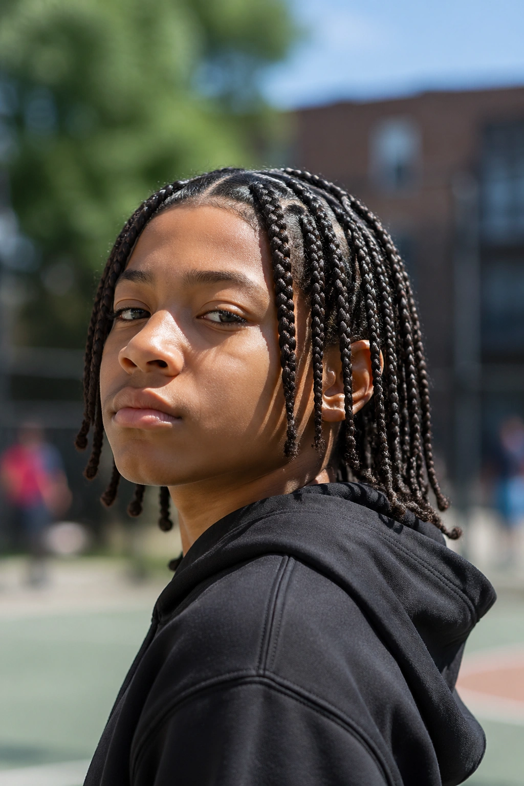 Close-up portrait of a real boy with shoulder-grazing medium box braids