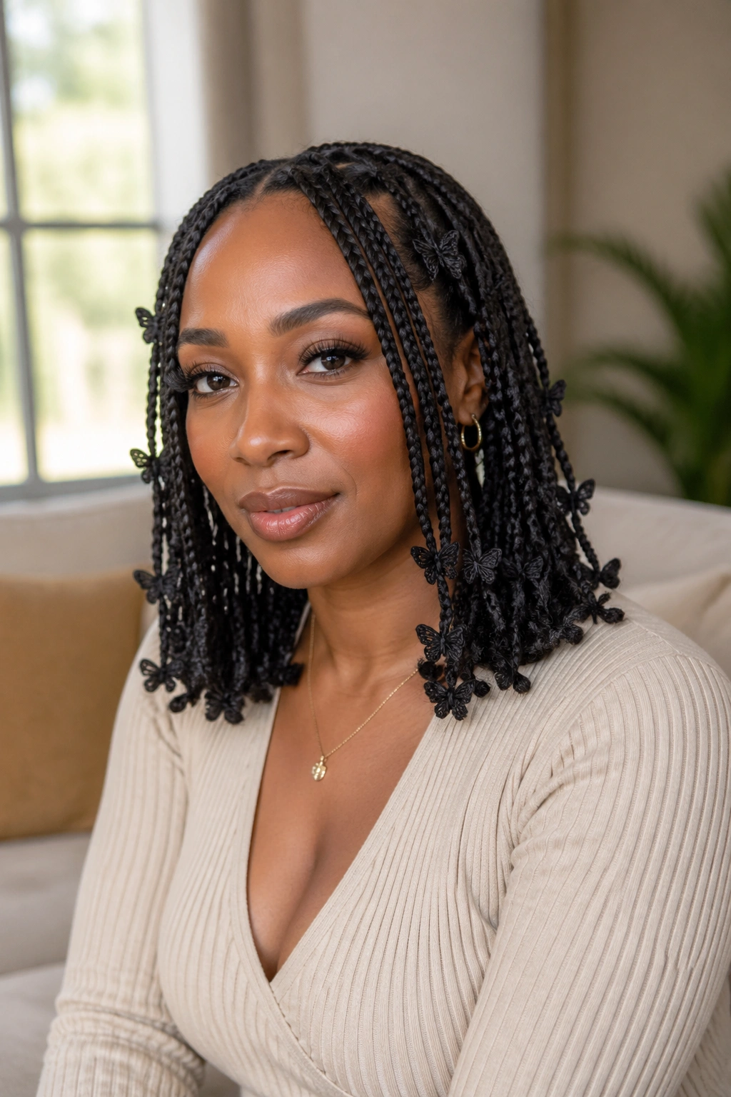 Close-up portrait of a real woman with shoulder-grazing butterfly braids in a softly lit living room