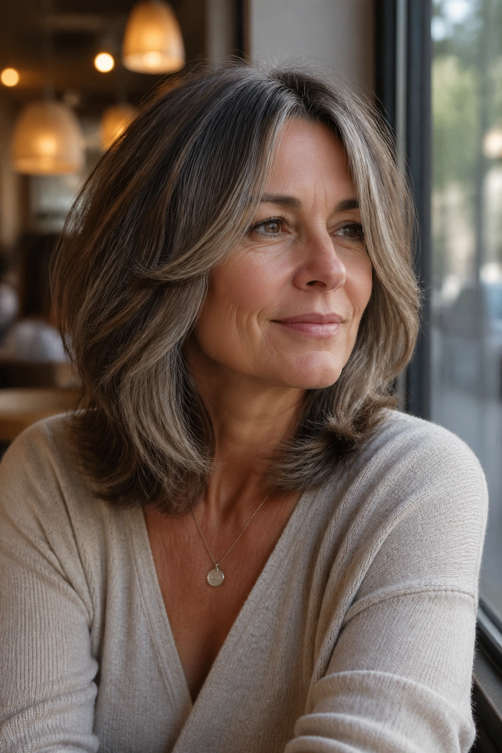 Close-up portrait of a real woman with shoulder-grazing layered cut at cheekbone.