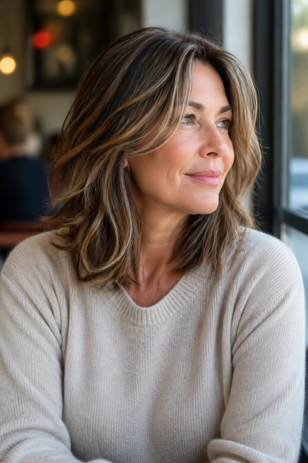 Medium close-up of a real woman with shoulder-length hair and face-framing layers