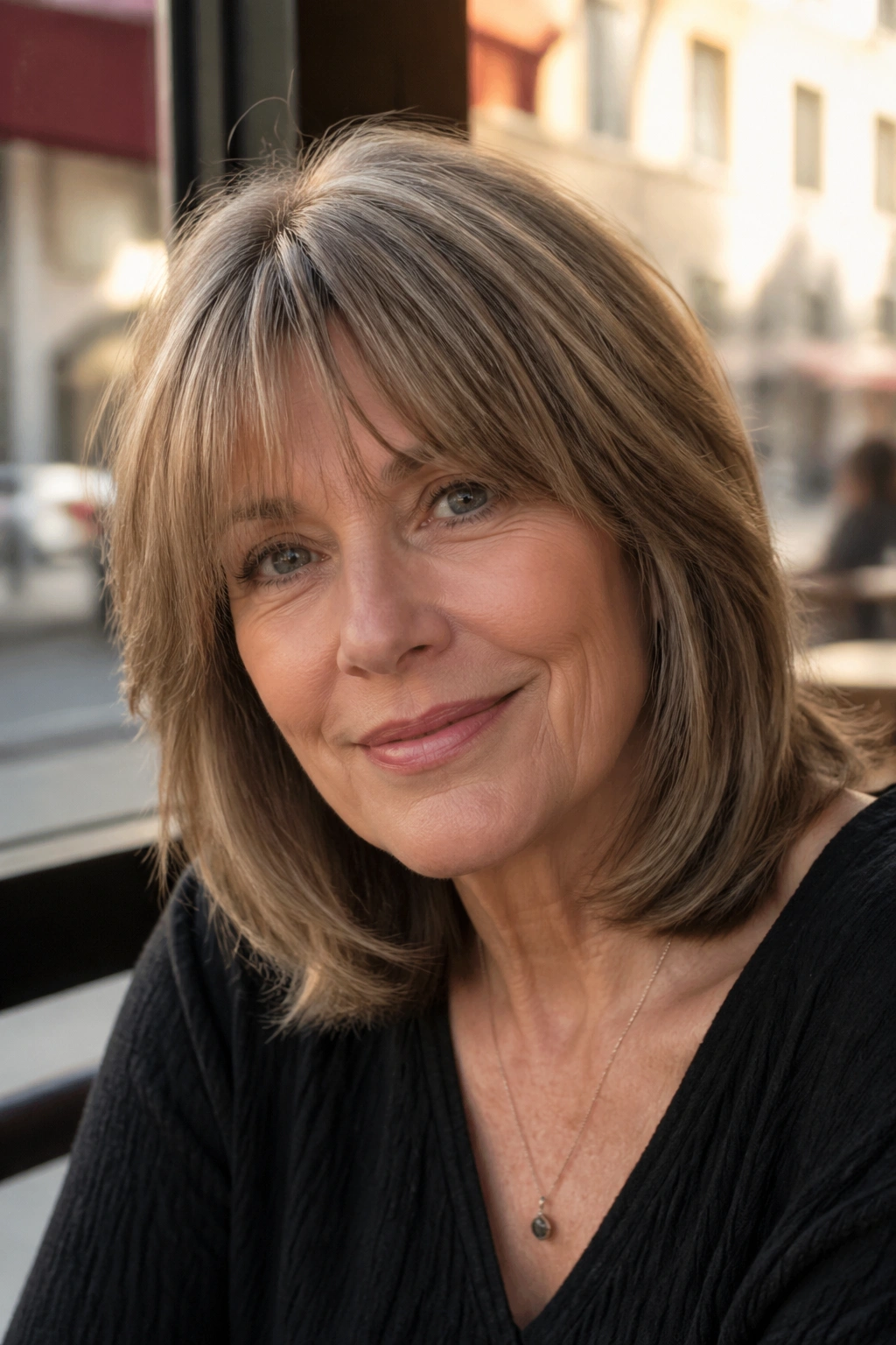 Close-up of a woman with a shoulder-grazing lob and feathered fringe in a sunny cafe
