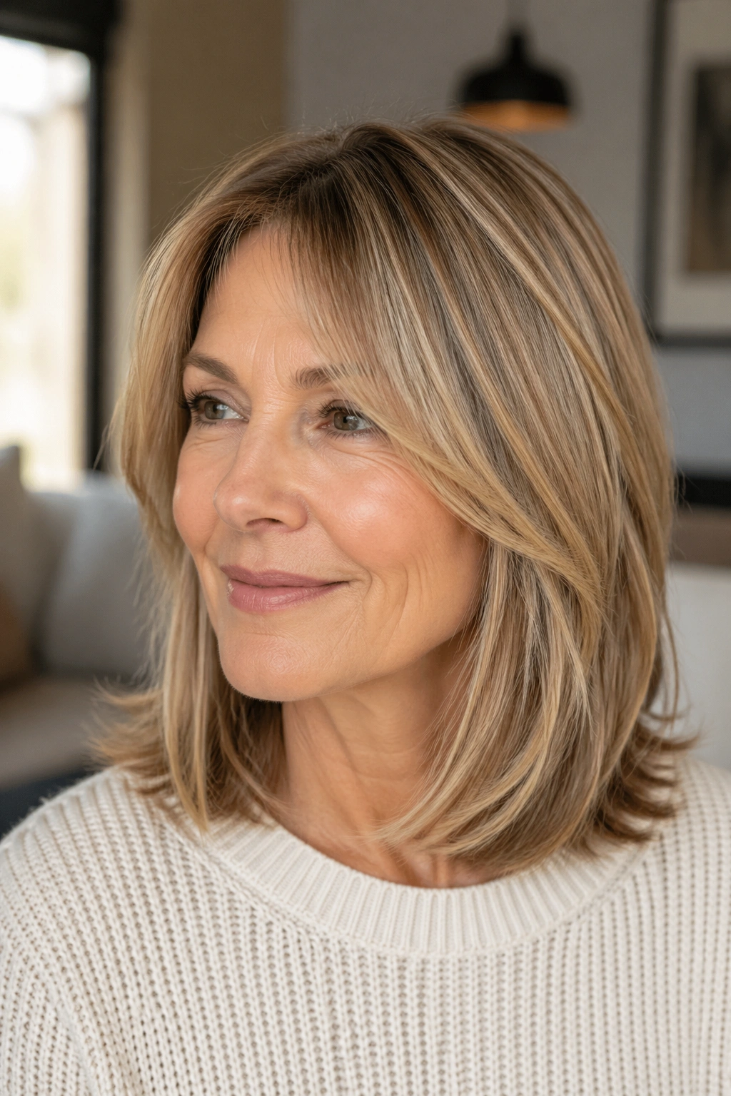 Close-up of a woman with a shoulder-grazing layered lob hairstyle in warm natural light