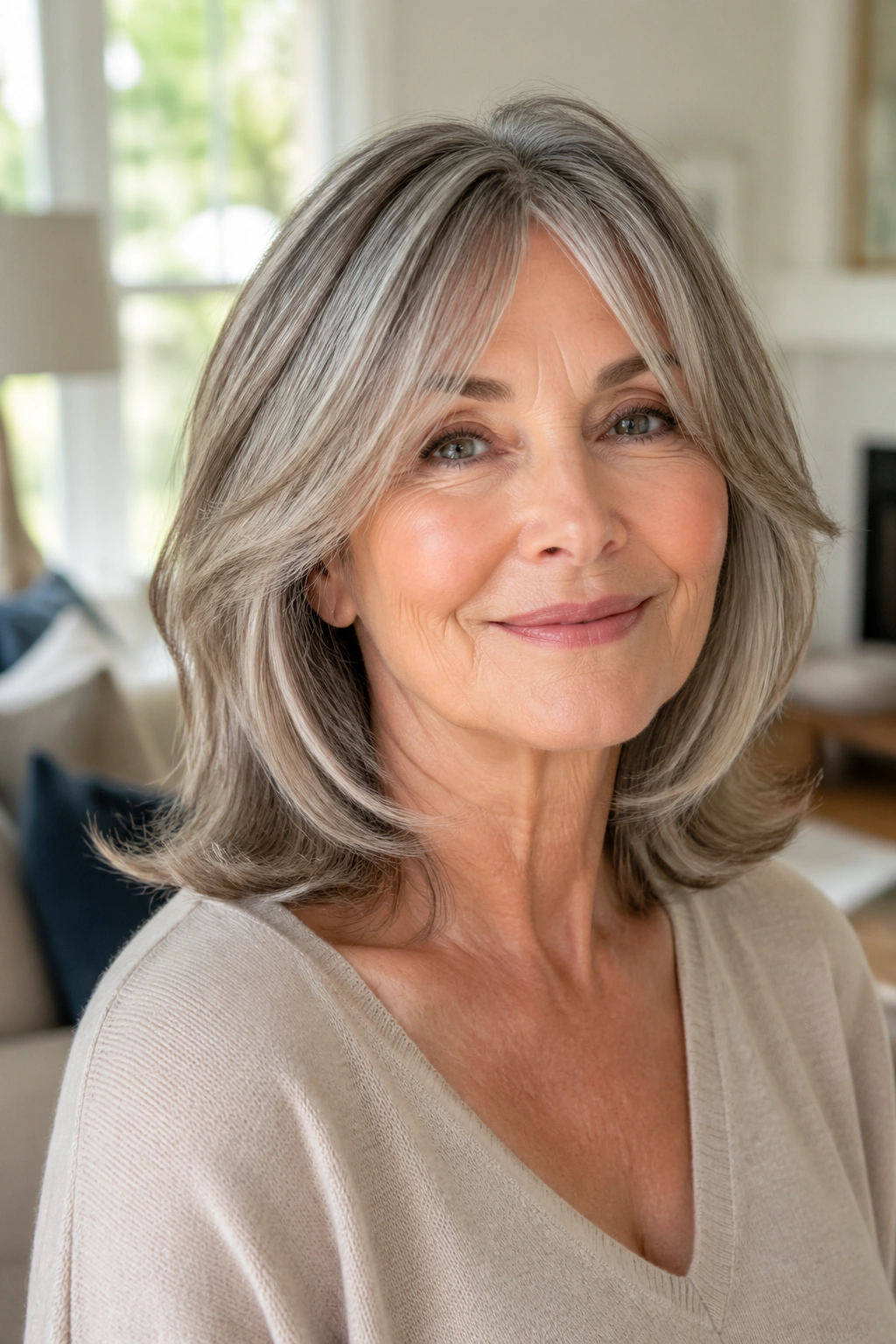 Senior woman with shoulder-grazing lob and long soft layers