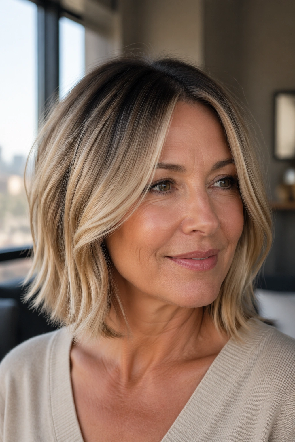 Close-up of a real woman with shoulder-length bob and dark root melt