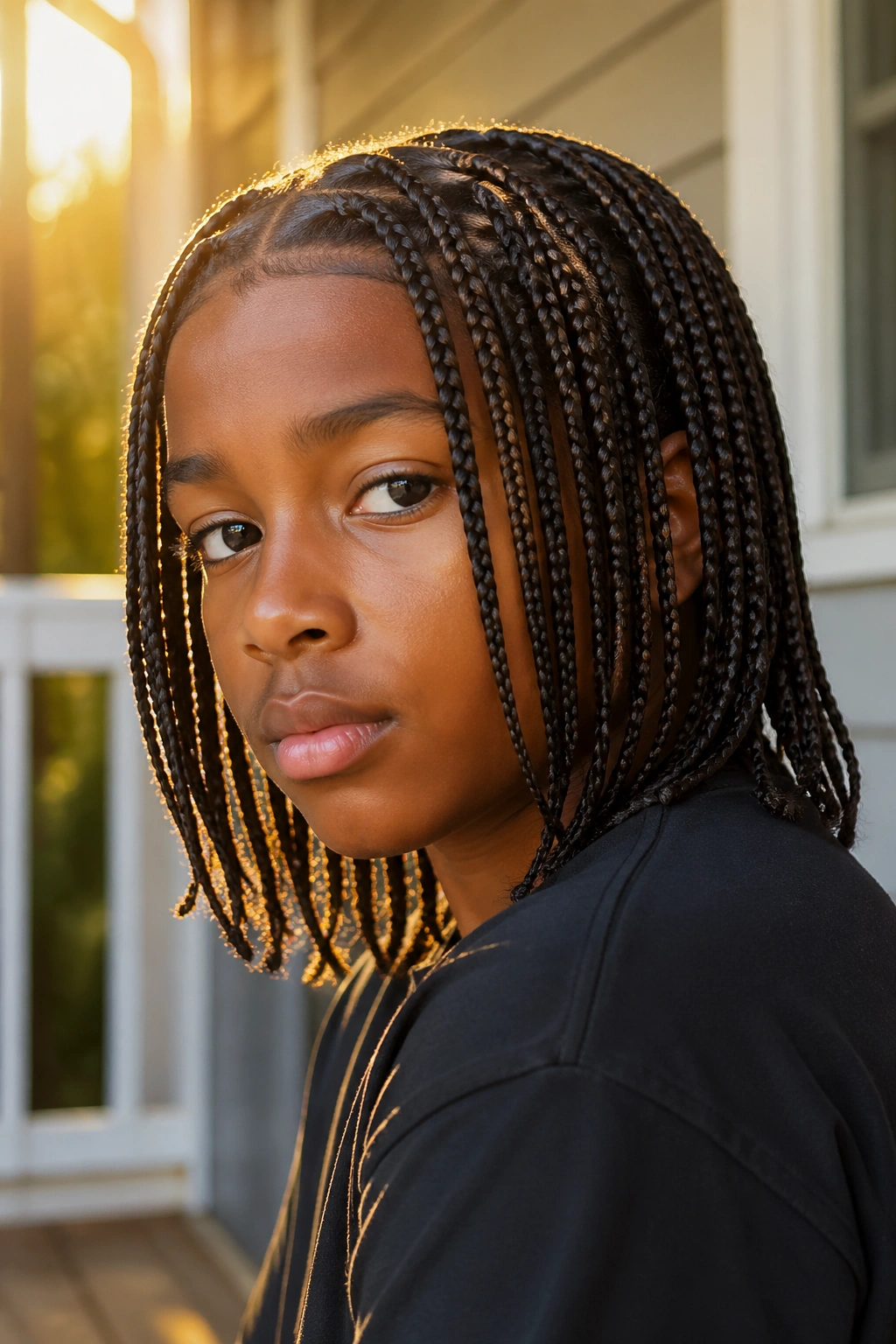 Real older boy with shoulder-length box braids on a sunlit porch