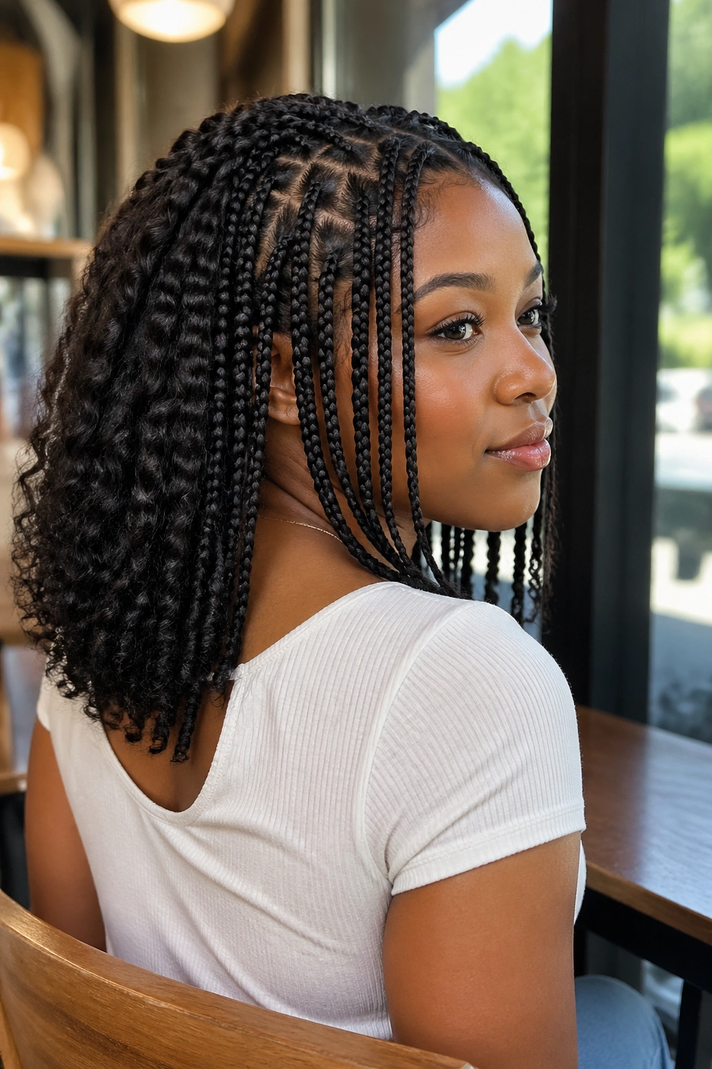 Portrait of a real woman with front box braids and back crochet for shoulder-length look