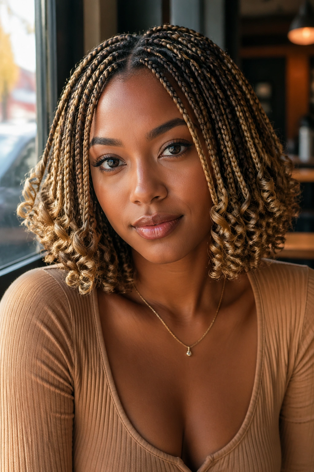 Real woman with shoulder-length box braids and curled bob finish in natural light.