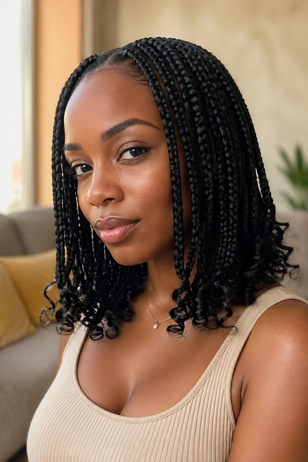 Close-up of a Black woman with shoulder-length box braids and soft curly ends.