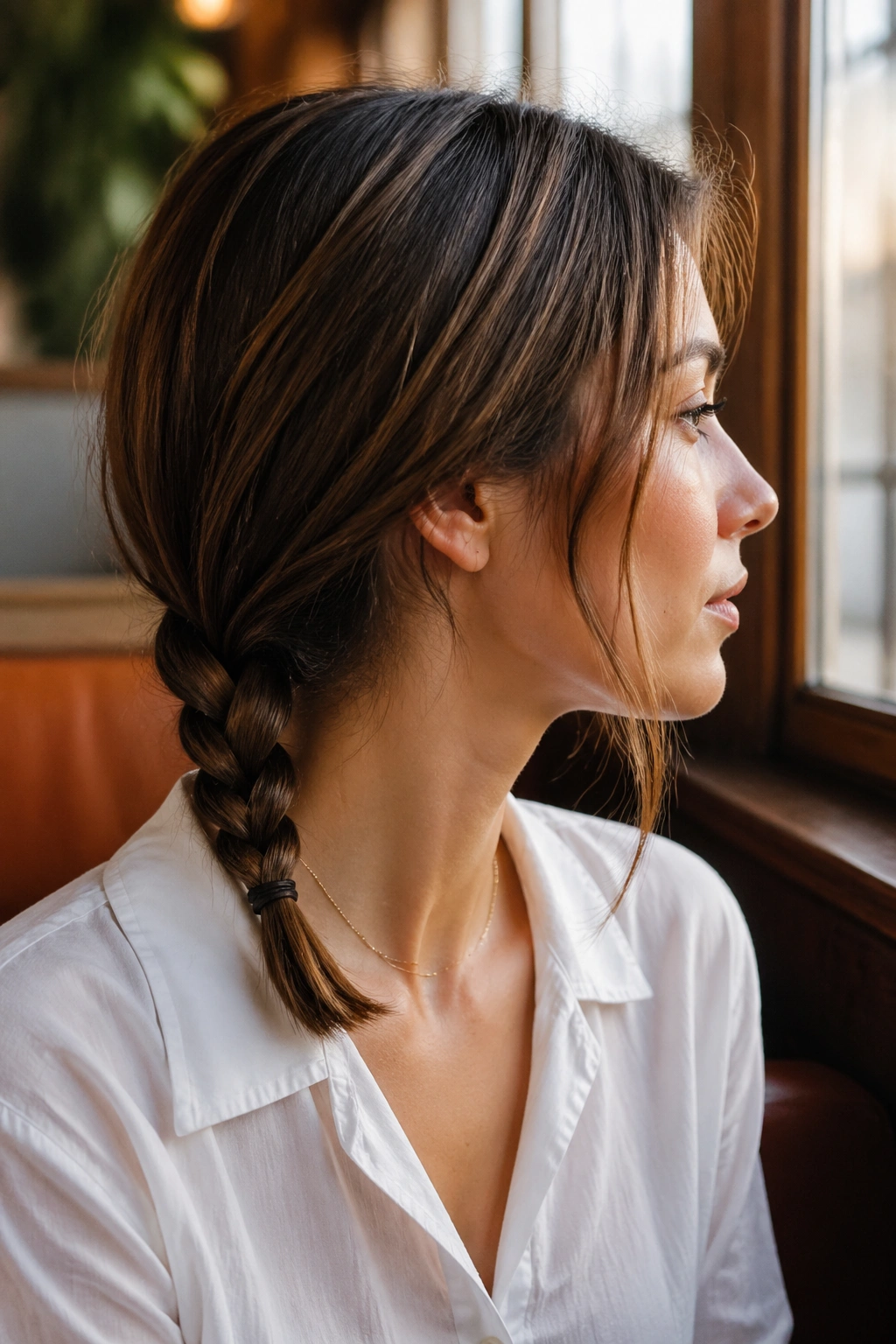 Close-up of shoulder-length hair with a single compact braid starting at the nape.