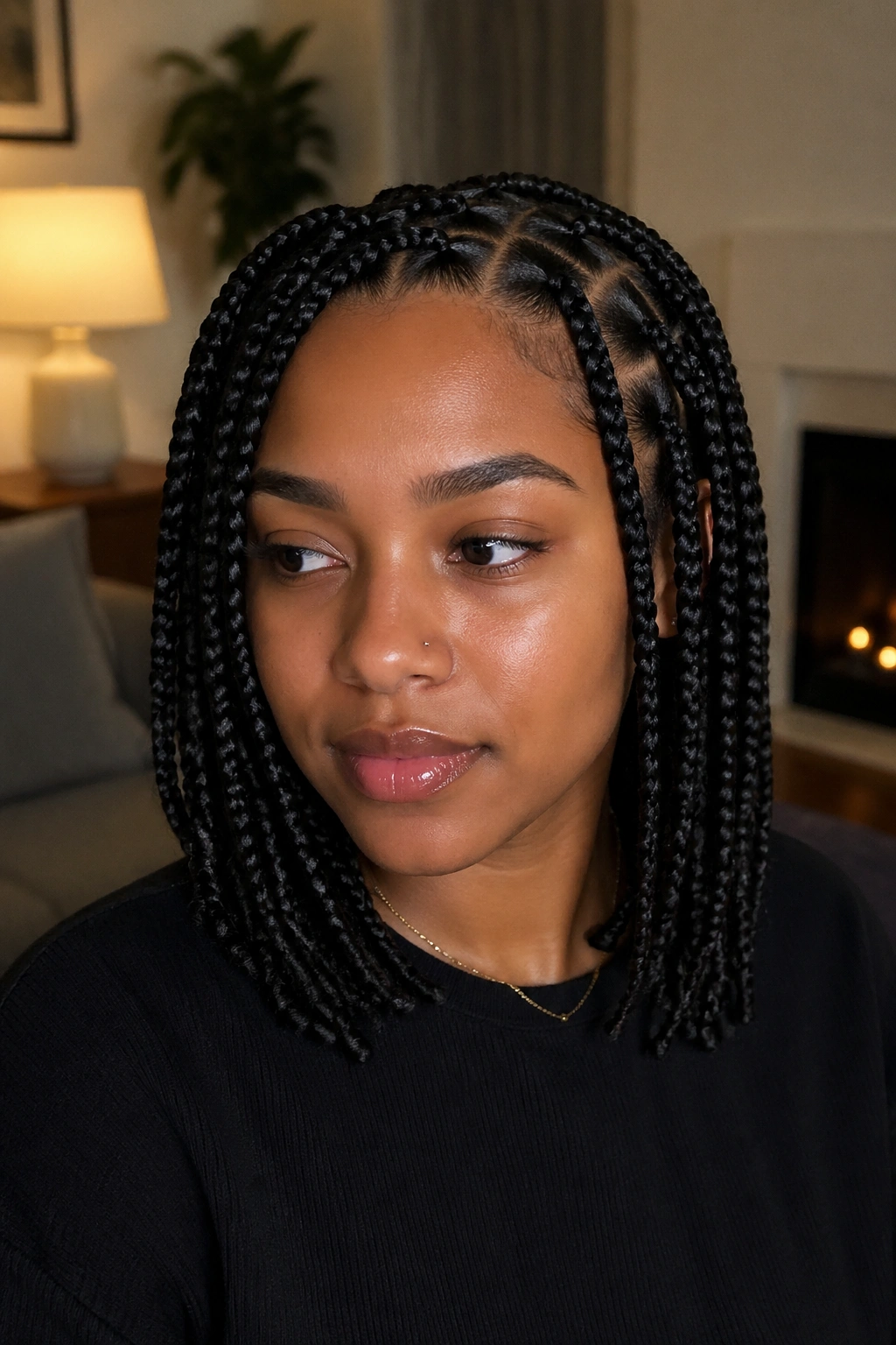 Portrait of a woman with shoulder-length medium feed-in box braids.