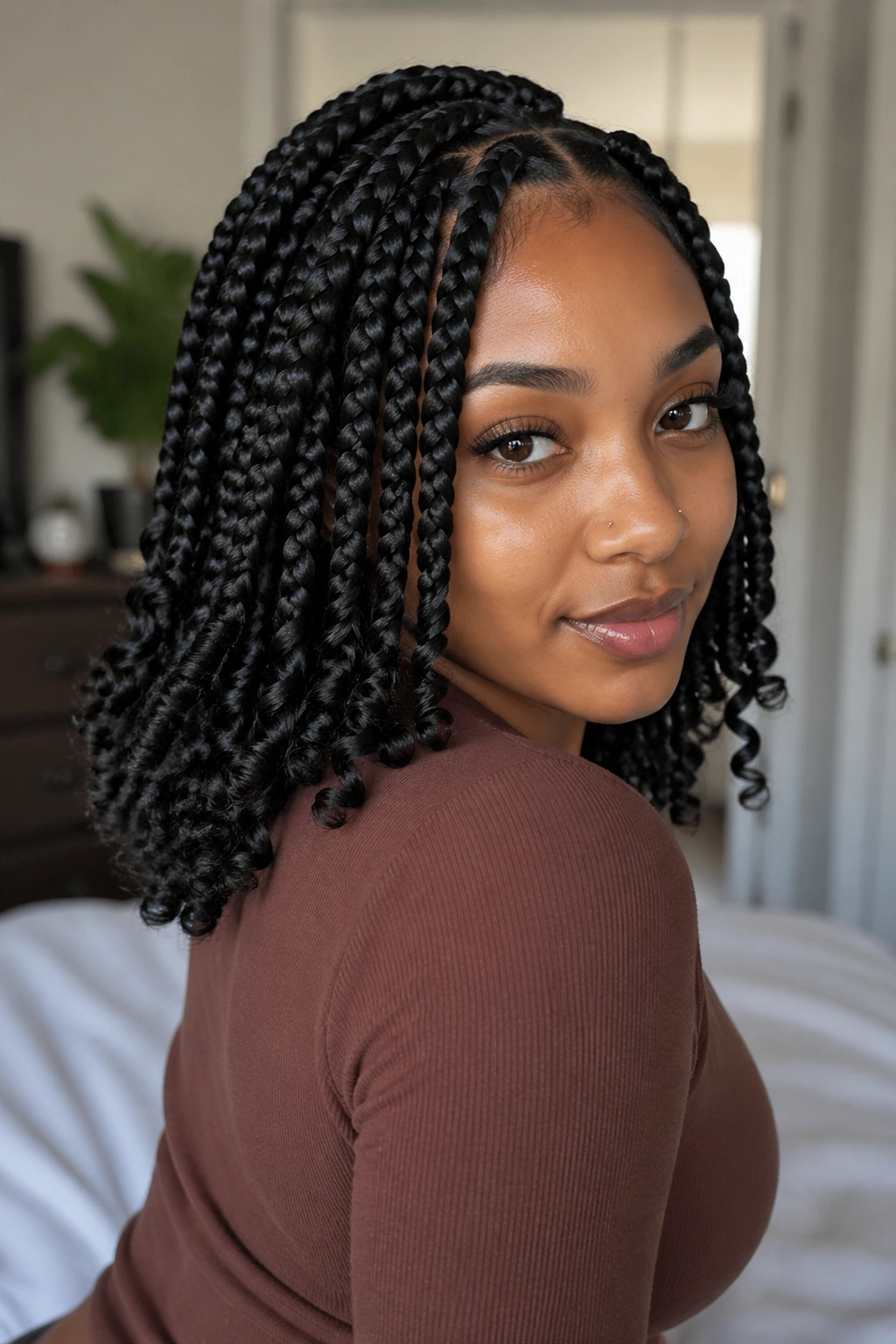 Close-up portrait of a real woman with shoulder-length jumbo goddess box braids and curly ends in a cozy bedroom