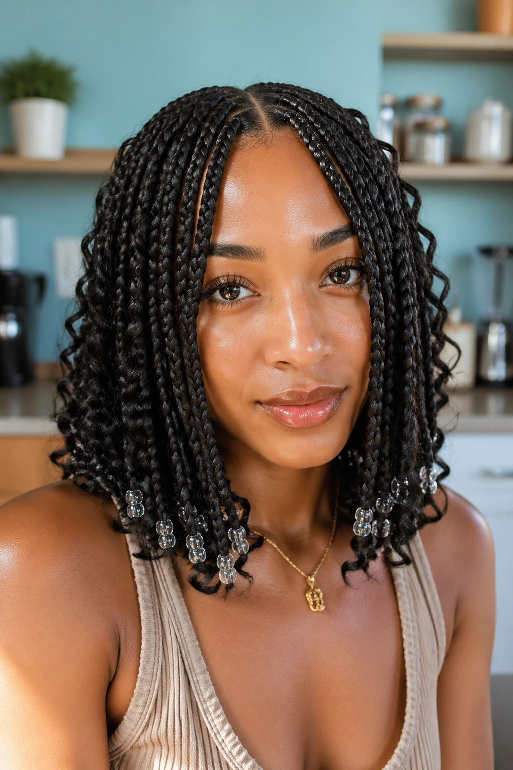 Close-up of a real woman with shoulder-length goddess box braids and small glass beads