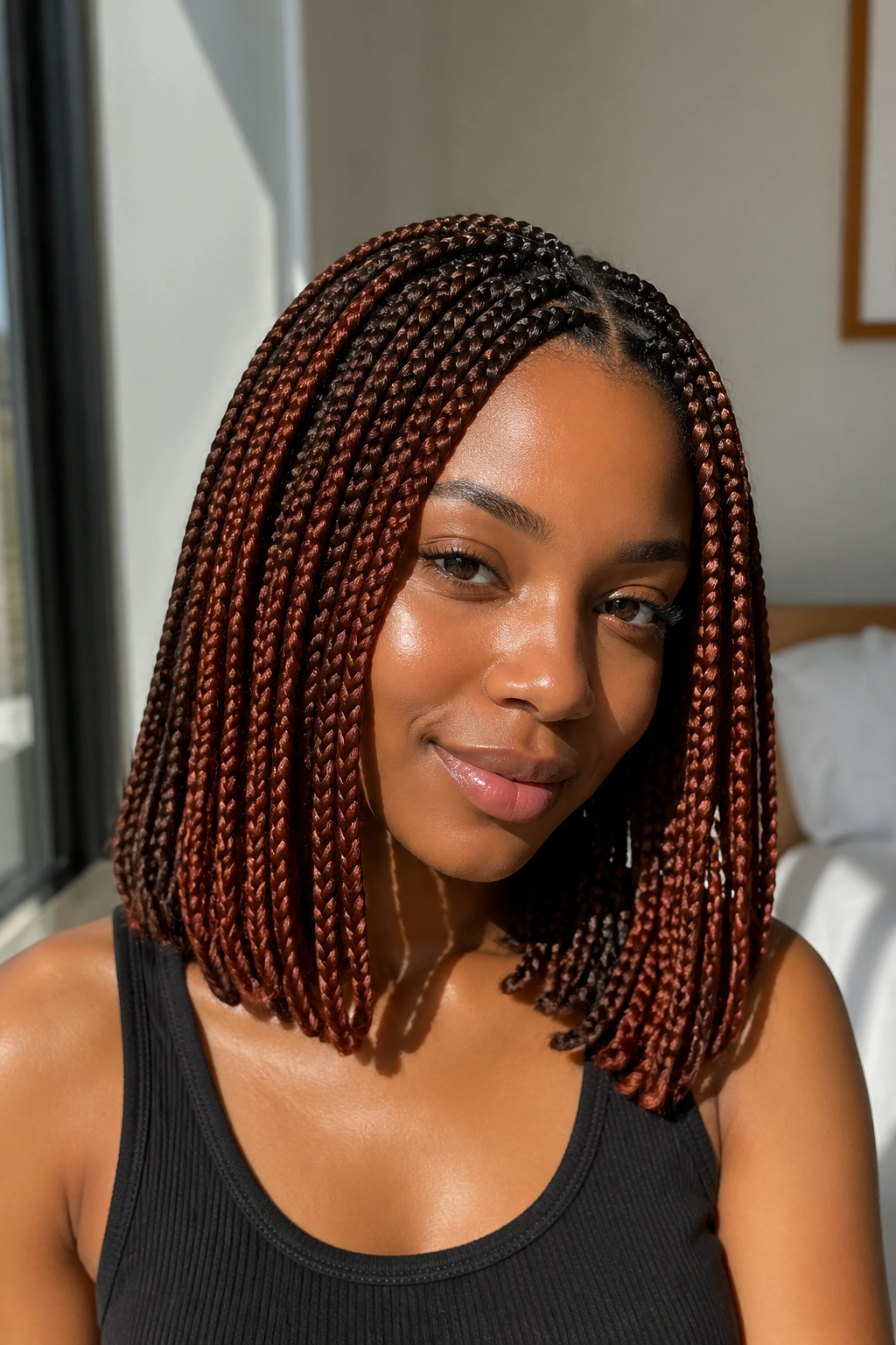 Close-up of shoulder-length rust and espresso knotless box braids on a real woman with natural window light