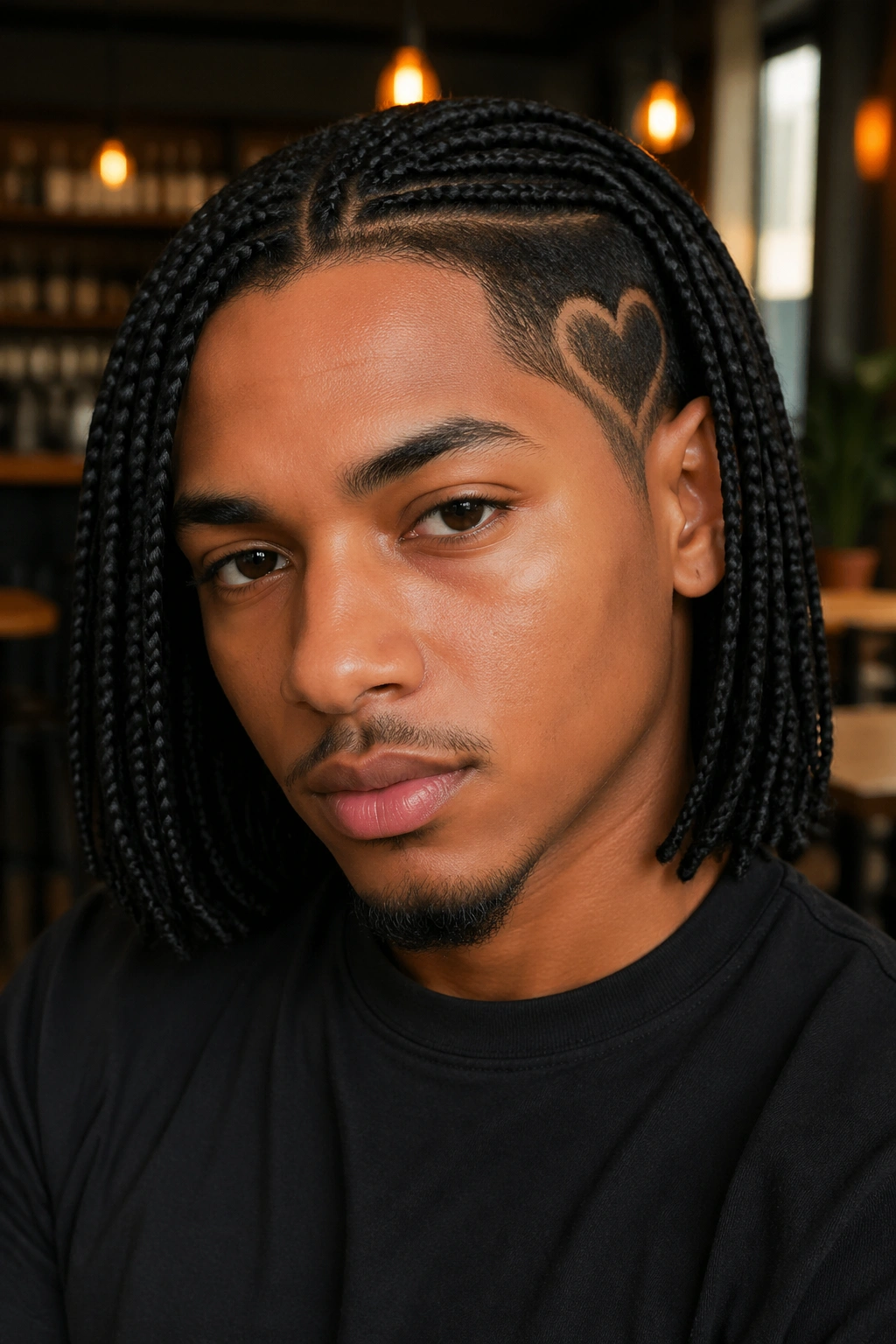 Shoulder-length box braids with soft heart outline on real man