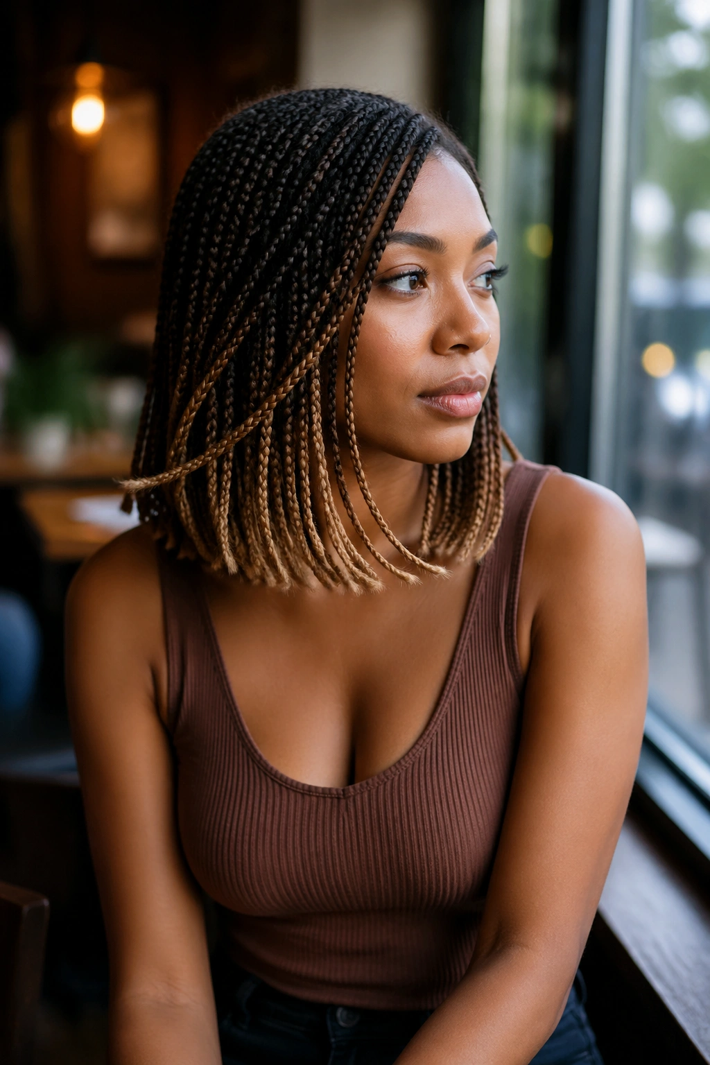 Real person with shoulder-length peekaboo braids and warm blonde ends.