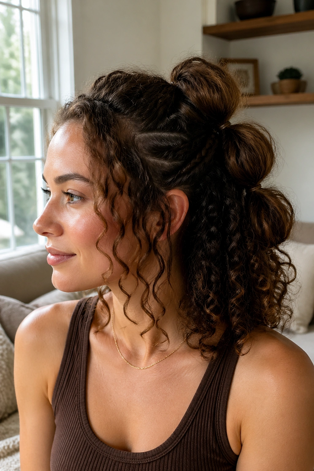 Shoulder-length curls styled into bubble ponytail on real woman