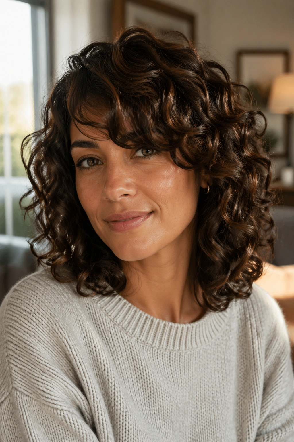 Close-up of a real woman with shoulder-length curls and side-swept bangs by a window