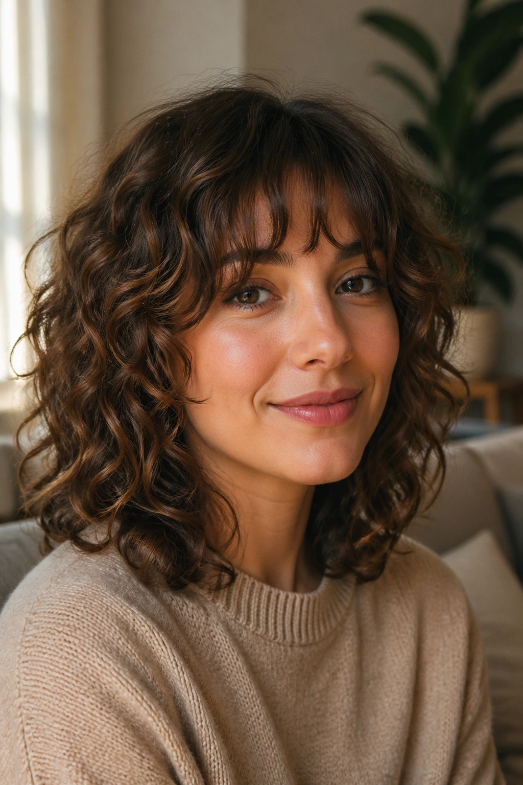 Close-up of a real woman with shoulder-length curls and wispy bangs in warm window light