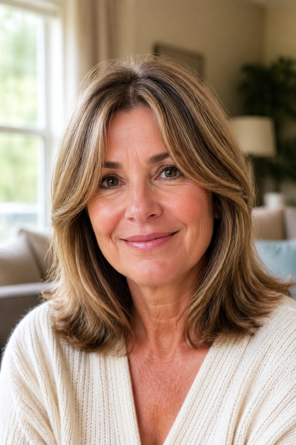 Close-up portrait of a real woman with shoulder-length hair and curtain bangs