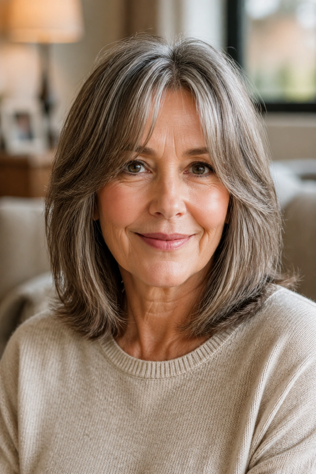Close-up portrait of a woman with shoulder-length hair and curtain bangs.