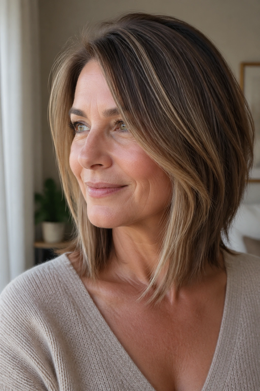 Close-up of a real woman with a shoulder-length asymmetrical haircut framing the face