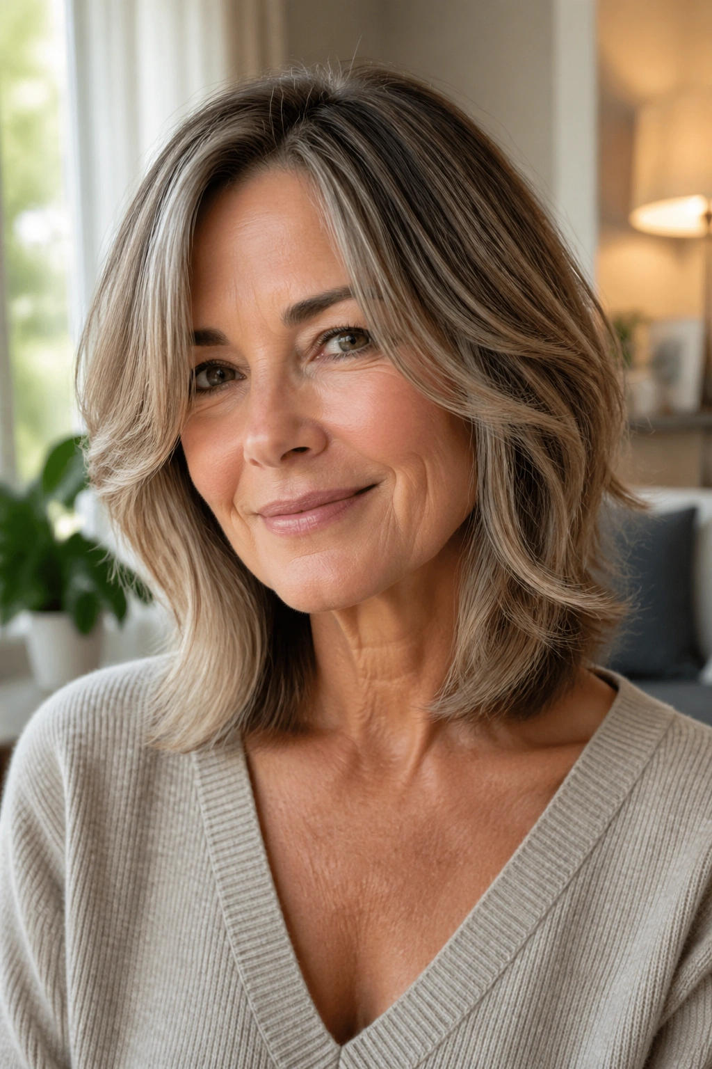 Close-up portrait of a real woman with shoulder-length hair and face-framing layers in natural light