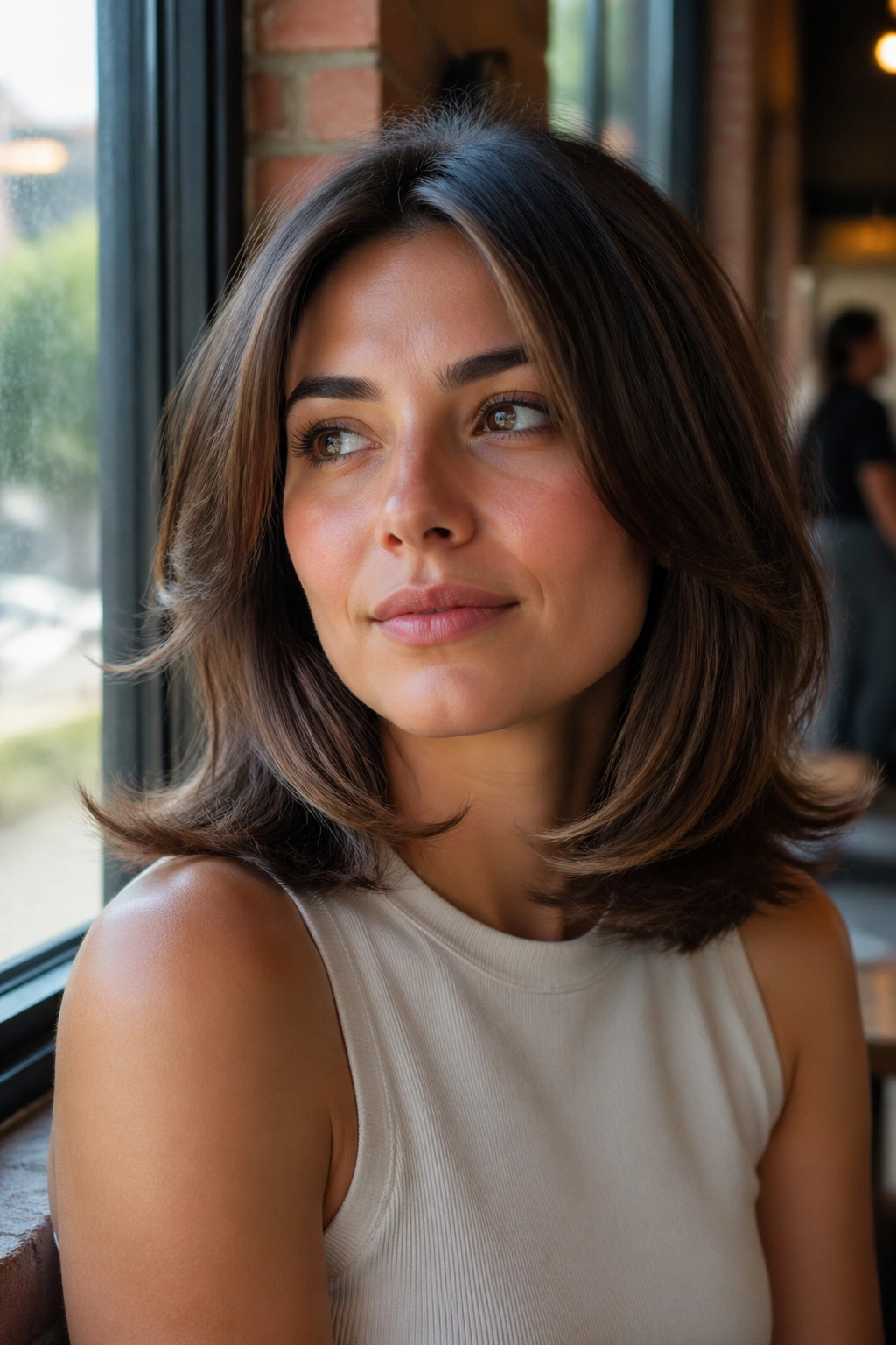 Close-up portrait of a woman with shoulder-length flipped feathered ends in a cafe setting