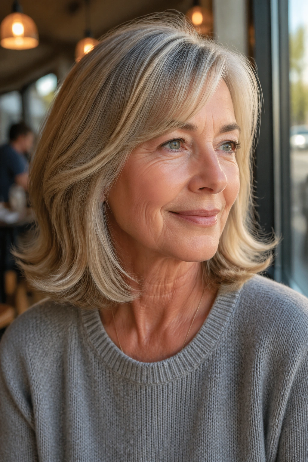 Real woman with shoulder-length hair and flipped-out ends in warm cafe light.