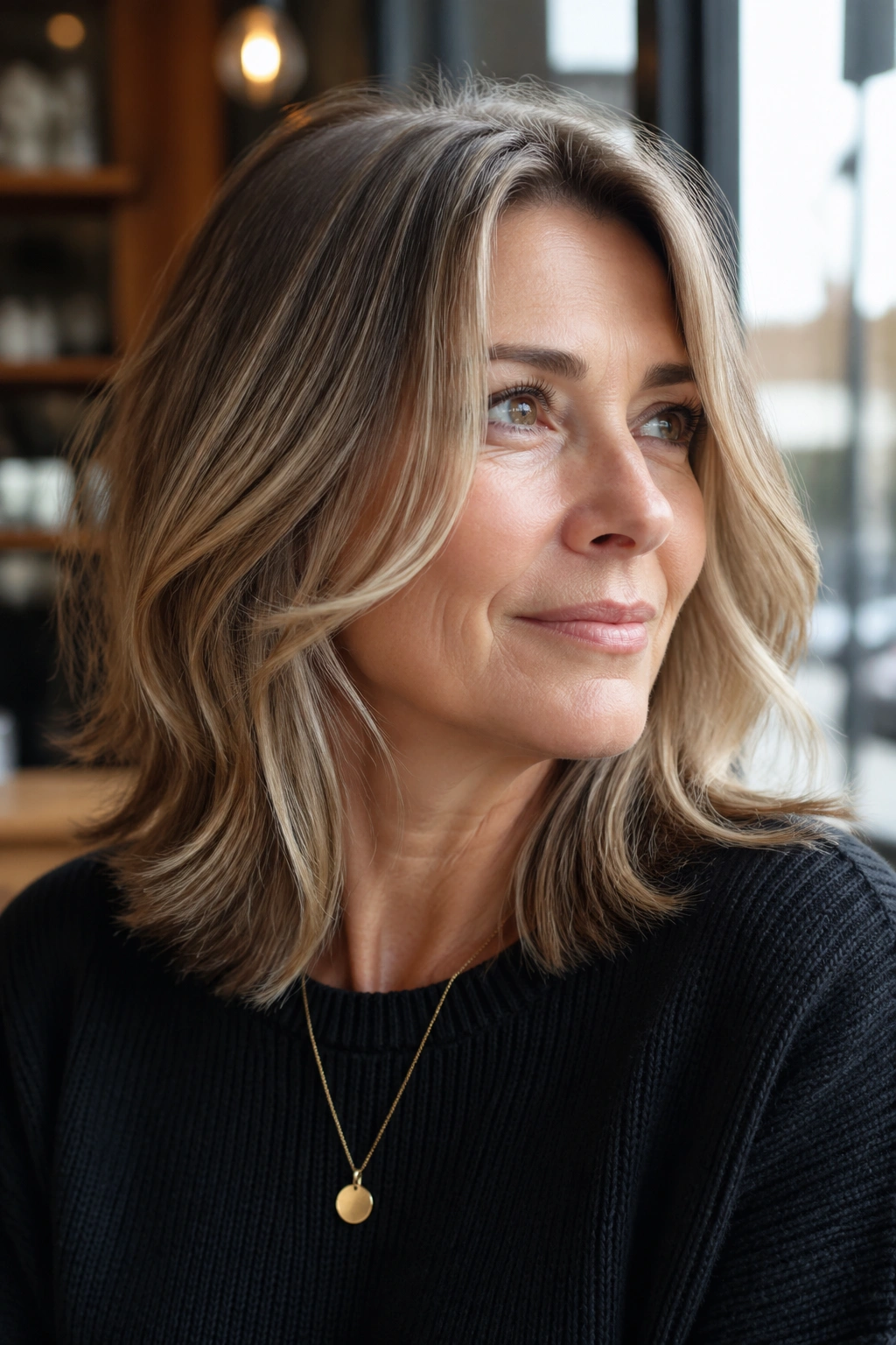 Portrait of a woman with a shoulder-length cut and face-framing pieces